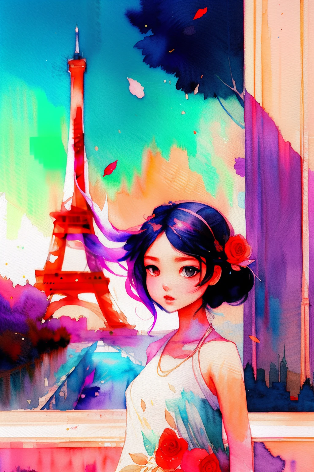 wtrcolor style, (rose) digital art, official art, drifting in the wind, masterpiece, beautiful, ((watercolor)), paint splash, intricate details. Very detailed, [dripping:0.7], trends on Artstation, Rachel Walker, Chinese woman, single eyelids, small eyes, soft looks. Behind it is the Eiffel Tower in Paris.
