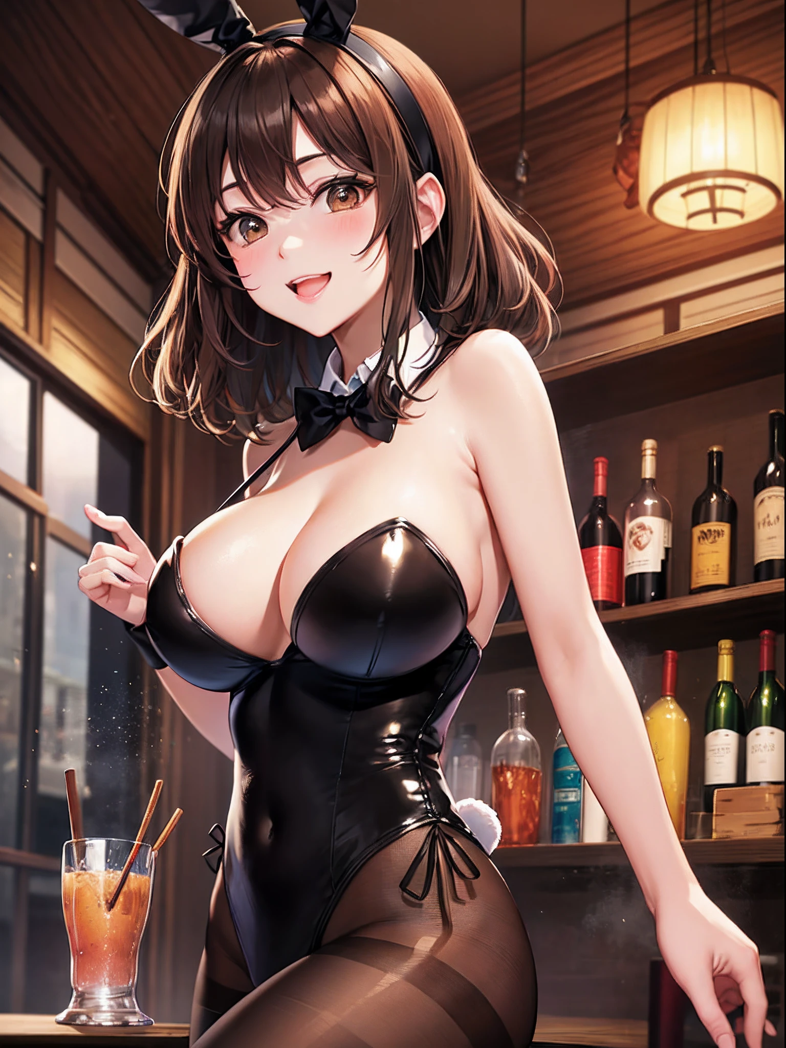 (top-quality: 1.3)、(masterpiece: 1.3)、(The ultra-detailliert: 1.3)、(wall-paper, one girls)、bunnygirl、(Black Rabbit Girl Leotard:1.3)、(Brown pantyhose:1.3)、Red bow tie、(Brown hair:1.3)、Bunny Girl Black Headband、Medium Hair、short-hair、(Beautiful Large Breasts:1.3)、Luxurious living room、A big smile、sexypose、is standing、Leaning against the bar counter、Blushing、Drinking alcohol、Drunk、My eyes are dizzy.