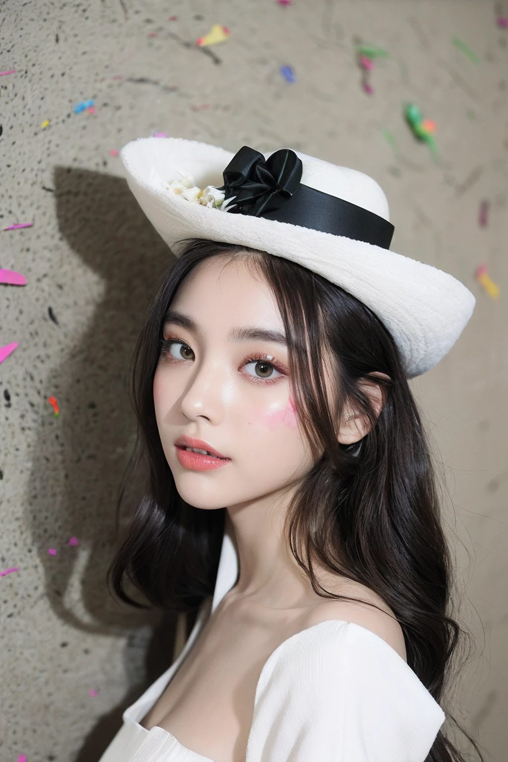 (extra detailed body、extra detailed face、best qualtiy:1.2)、femele、looking at the viewers(Green and black wacky fashion、fashionshow、large hat、)、(Cream wall chaos on background:1.4)