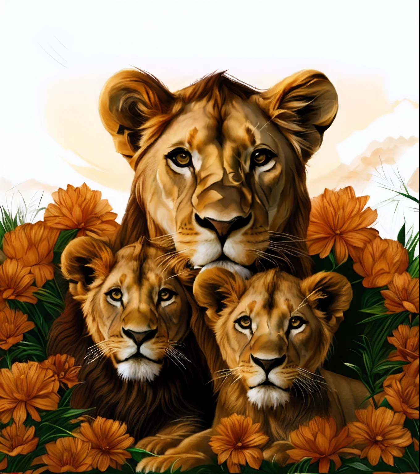 (((Female lion)))pa (((Two lion cubs))),short, smooth coat,Realistic animals, Flower-Planted Detailed, Lifelike, Beautiful Animals, lions, Majestic painting, Animalistic painting, Majesty, digital painting highly detailed, high quality digital painting, in style of digital painting, The Art of Digital Realistic Painting, Harmony of nature, in style of digital illustration, lioness,  a family portrait, Painting of a beautiful family of lions