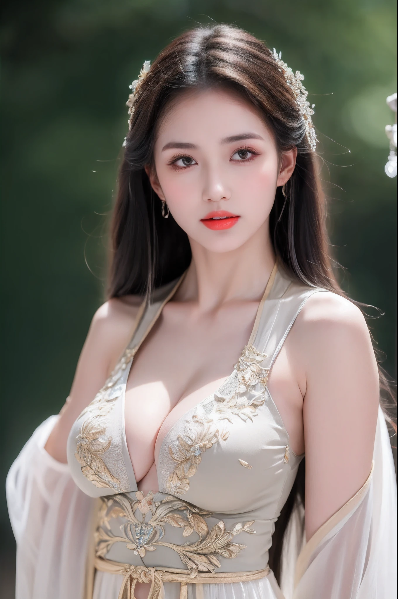 ((Best Quality, 8k, Masterpiece: 1.3)), Focus: 1.2, Perfect Body Beauty: 1.4, Buttocks: 1.2, ((Layered Haircut)), (Wet Clothes: 1.1), (Rain, Street:1.3), (Breasts: 1.2), (Hanfu: 1.2), Bare Shoulders, Bare Legs, Highly Detailed Face and Skin Texture, Fine Eyes, Double Eyelids, Whitened Skin, Long Hair, (Shut Up: 1.5), (Bokeh Background: 1.5), Big Breasts