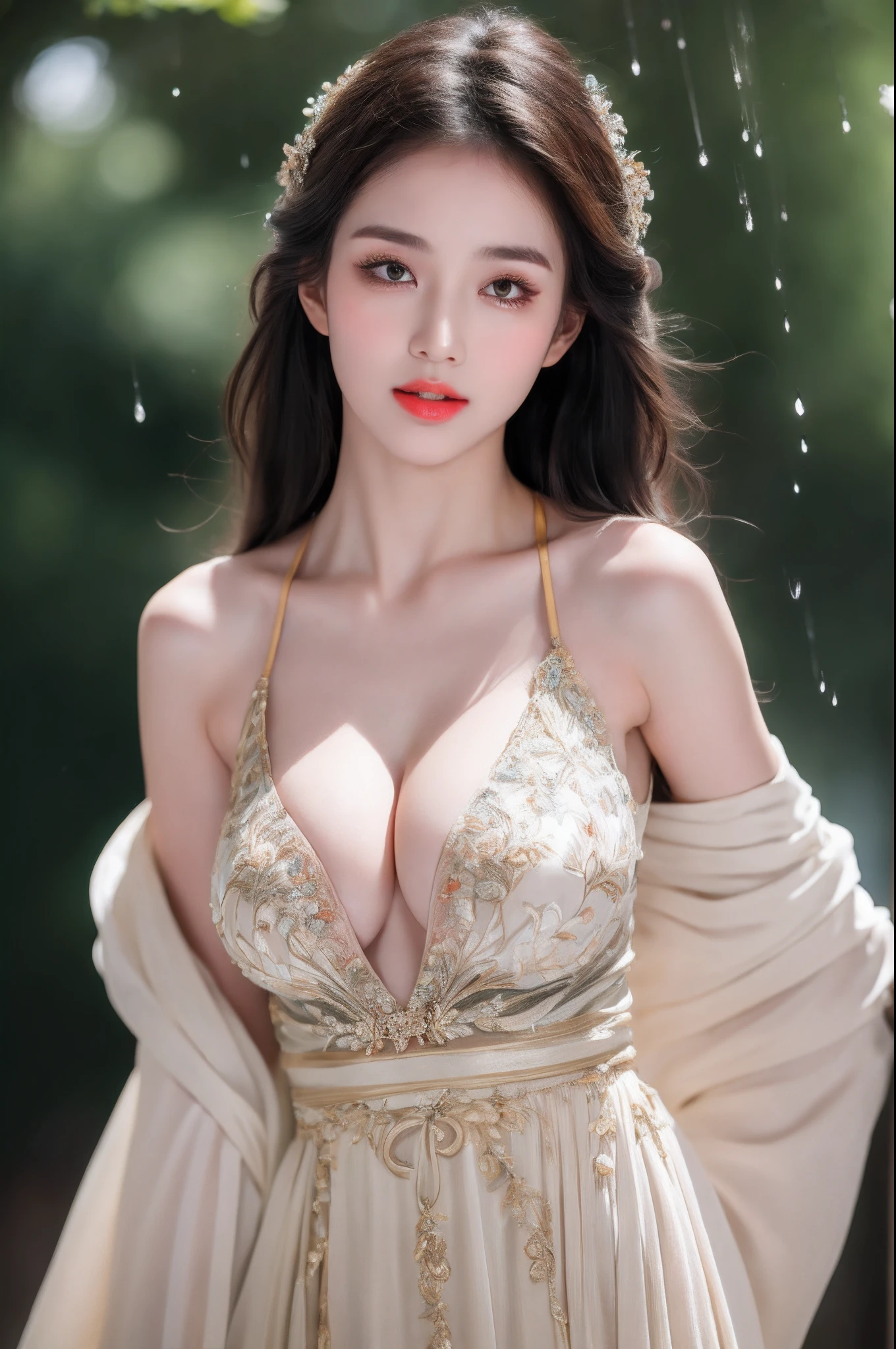((Best Quality, 8k, Masterpiece: 1.3)), Focus: 1.2, Perfect Body Beauty: 1.4, Buttocks: 1.2, ((Layered Haircut)), (Wet Clothes: 1.1), (Rain, Street:1.3), (Breasts: 1.2), (Hanfu: 1.2), Bare Shoulders, Bare Legs, Highly Detailed Face and Skin Texture, Fine Eyes, Double Eyelids, Whitened Skin, Long Hair, (Shut Up: 1.5), (Bokeh Background: 1.5), Big Breasts