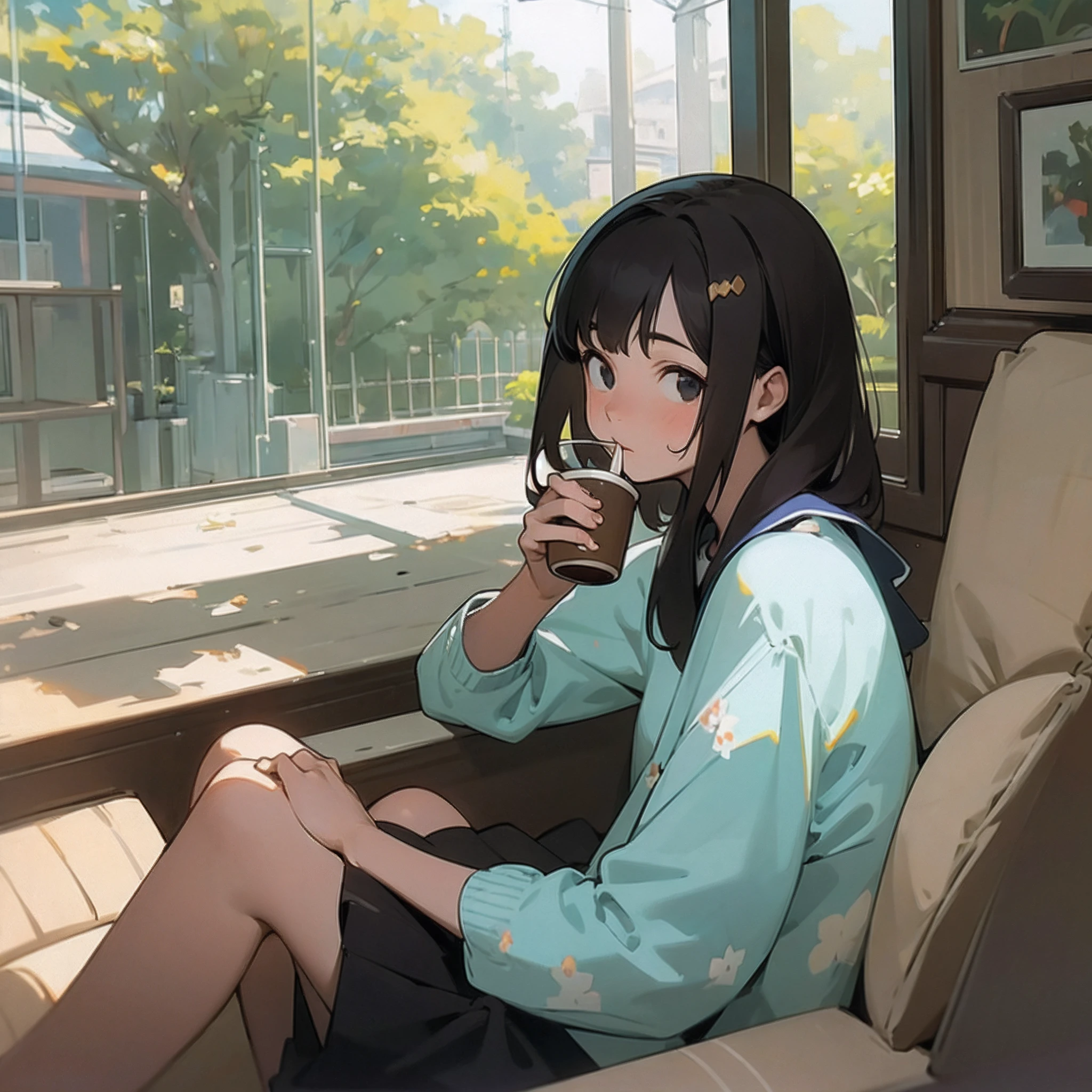 masterpiece, top-quality, 1girl in, The upper part of the body,,shorth hair, , A dark-haired, Casual clothing, frilld, plein air、inside in room、relax、drinking a cup of coffee、Focus on the face、The viewer is the viewer's gaze