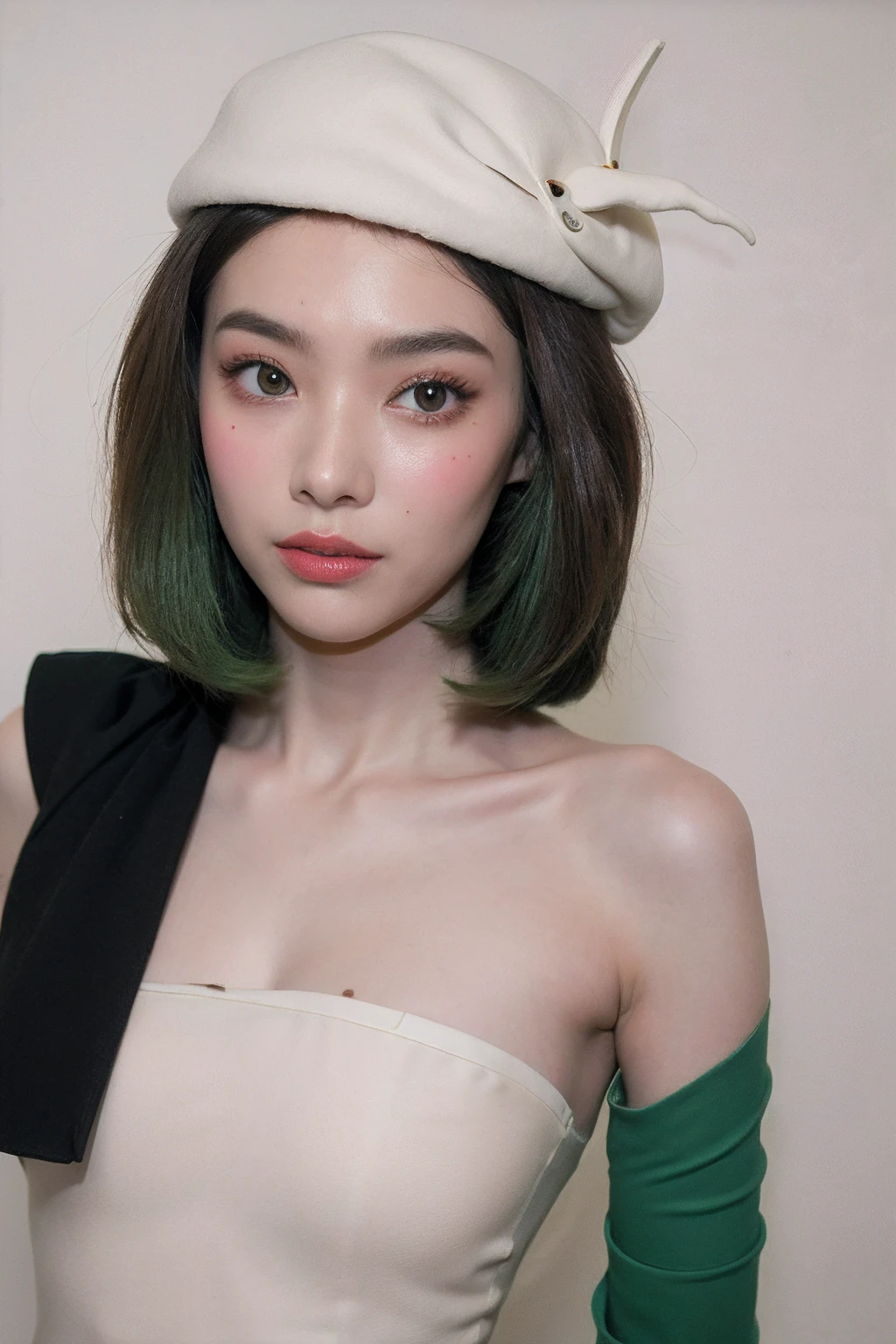(extra detailed body、extra detailed face、best qualtiy:1.2)、femele、looking at the viewers(Green and black wacky fashion、fashionshow、large hat、)、(Cream wall chaos on background:1.4)
