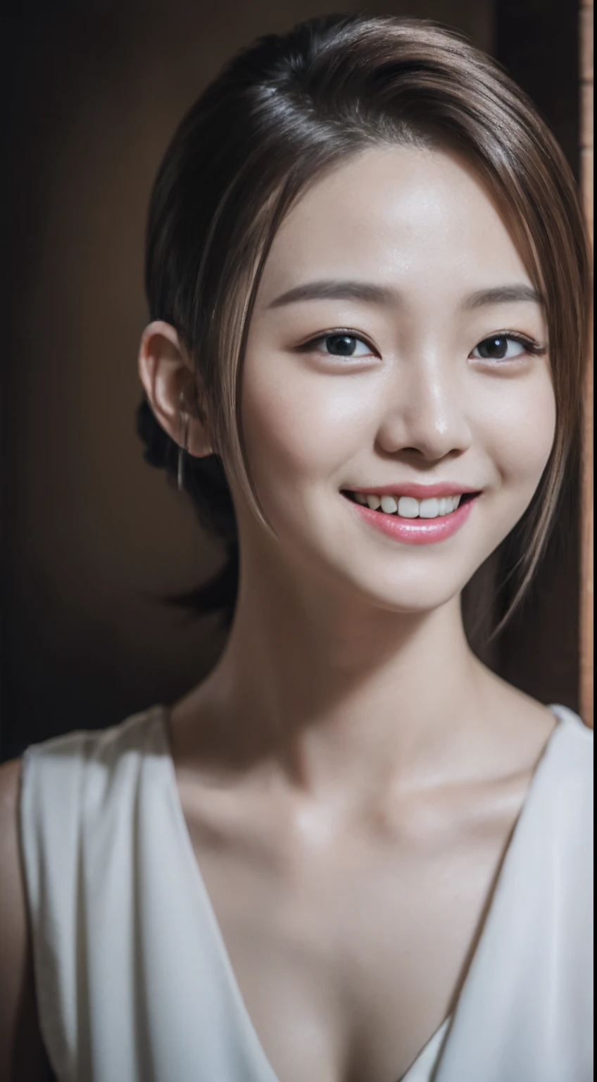 8k, best quality, masterpiece, realistic, ultra detail, photography, HDR, ROW photo, highres, absurdres, cinematic light, official art, depth of field,
close-up, slender, cute face, smile, beautiful details eyes, 19years old korean, pretty, Mohawk with silver color,