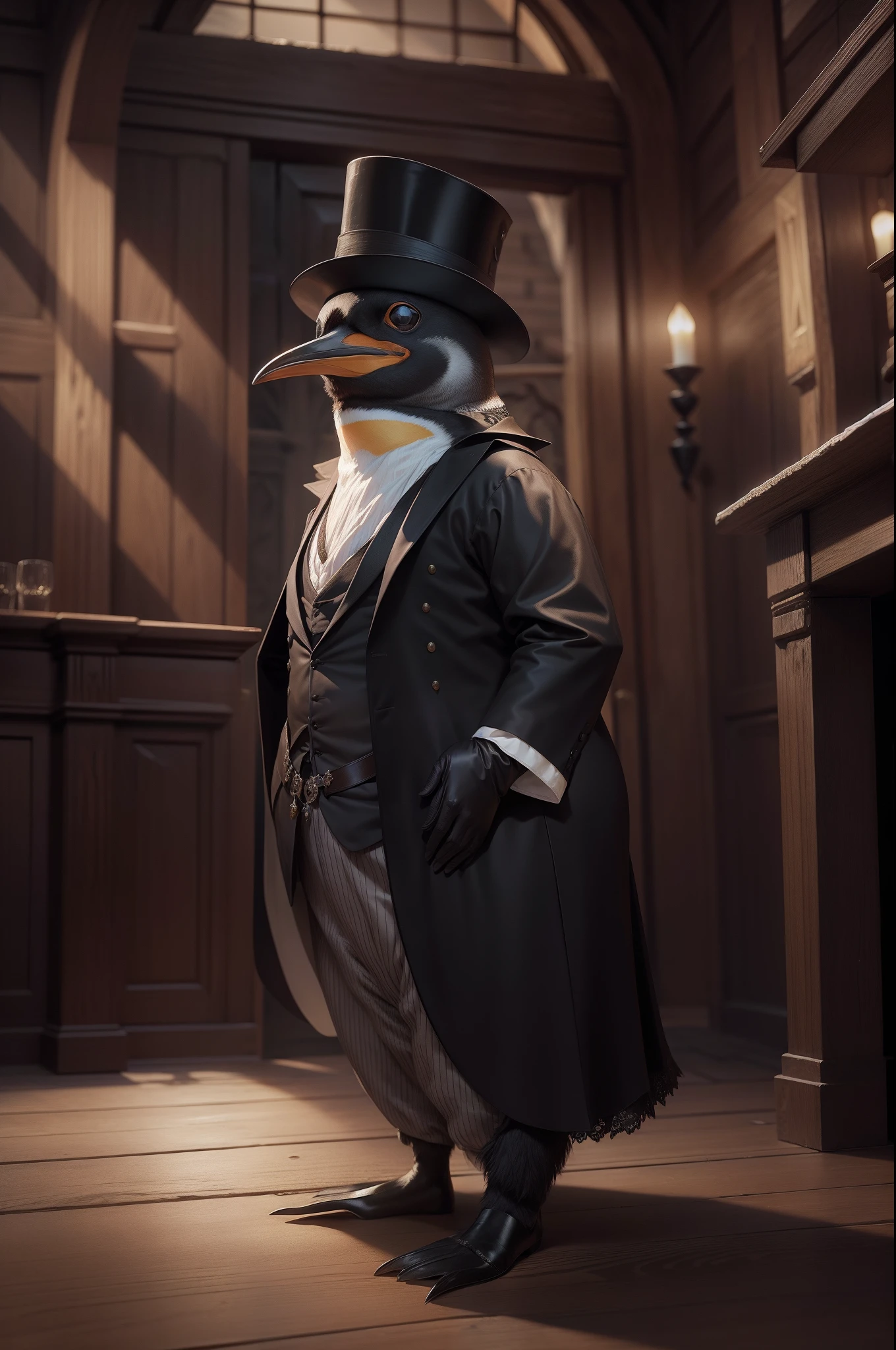 A penguin wearing elegant medieval clothes as a medieval nobleman of class black clothes in a wooden house a noble and wealthy medieval mansion