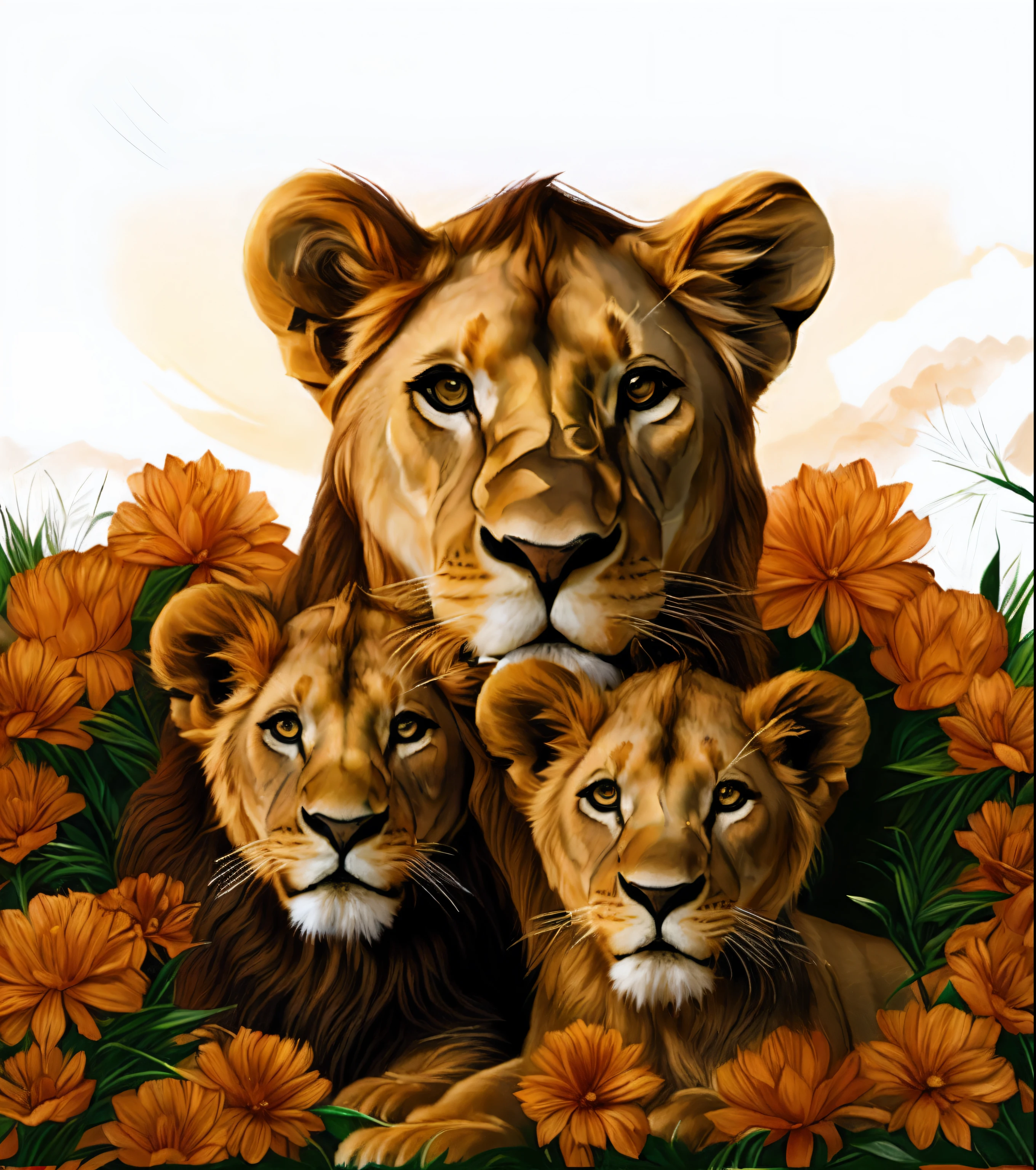 (((Female lion)))pa (((Two lion cubs))),short, smooth coat,Realistic animals, Flower-Planted Detailed, Lifelike, Beautiful Animals, lions, Majestic painting, Animalistic painting, Majesty, digital painting highly detailed, high quality digital painting, in style of digital painting, The Art of Digital Realistic Painting, Harmony of nature, in style of digital illustration, lioness,  a family portrait, Painting of a beautiful family of lions