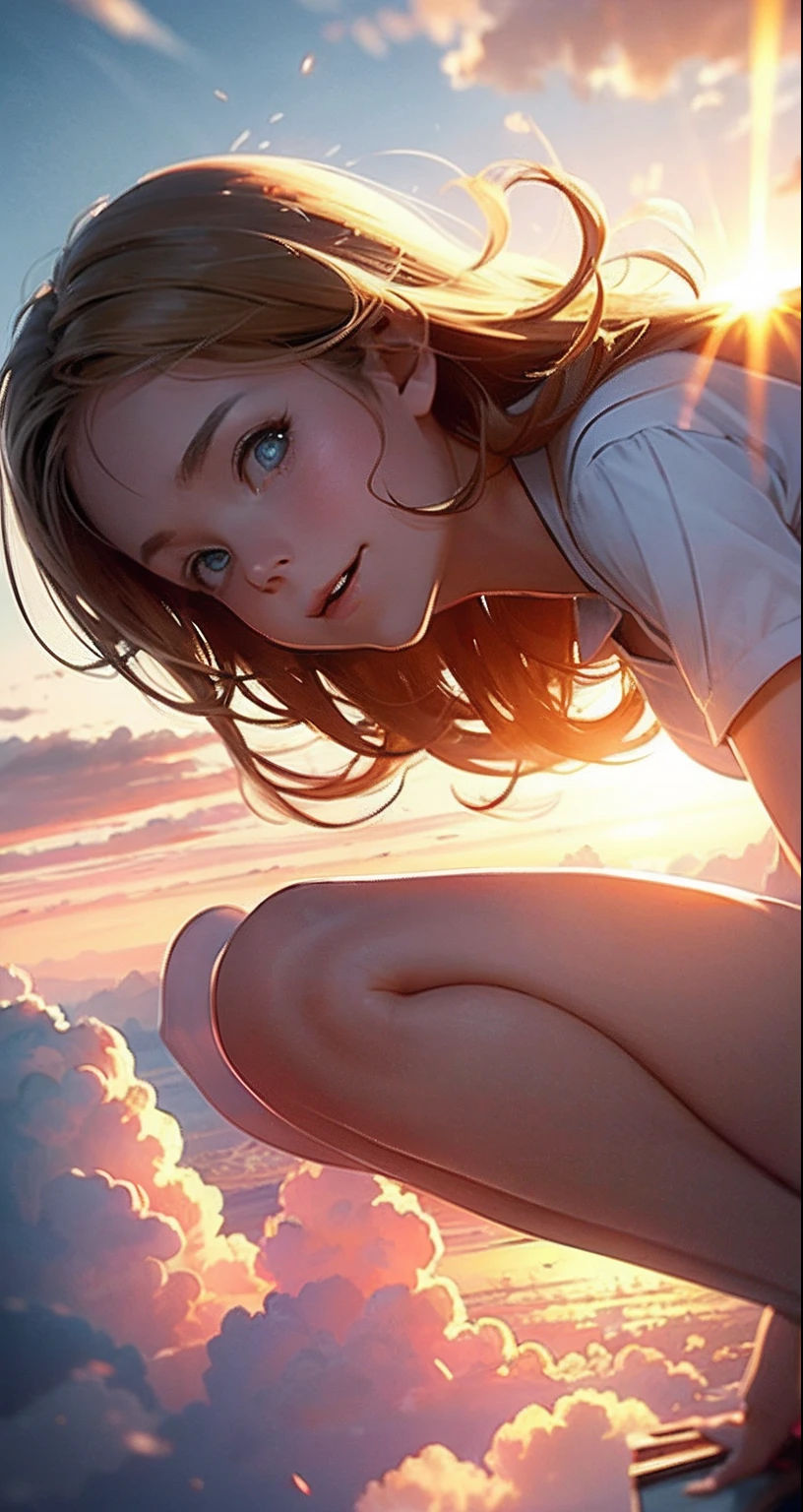 masterpiece, best quality, movie still, 1girl, cloud girl, floating in the sky, close-up, bright, happy, warm soft lighting, sunset, (sparks:0.7)