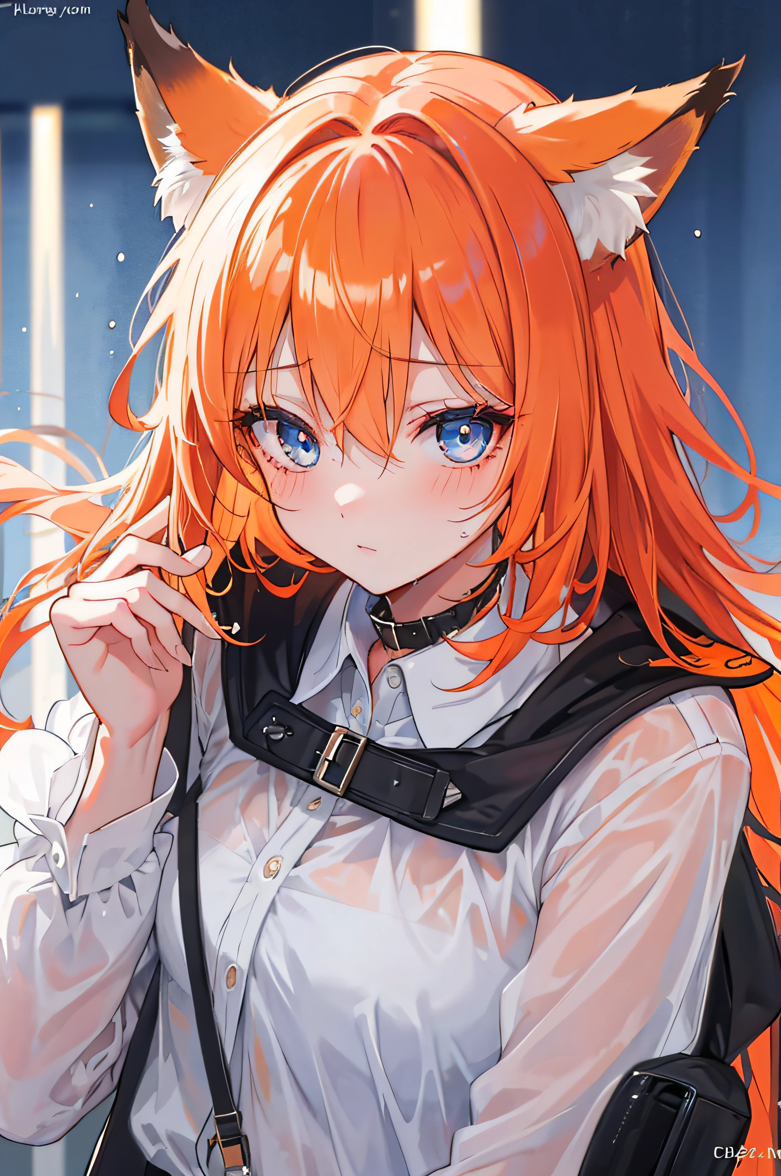 1girl, fox ears, orange hair, blue eyes, collar, face close up, wet hair, wet, hot, intimate, gorgeos,traced light, high details,digtal art, night, in love,blushing, insecure, cute, sensual, shadows, contrast, beautiful eyes, gentle, delicate, scalpa, vivid eyes, messy hair,