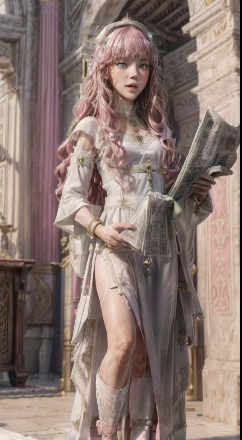 masterpiece, Highly detailed, super realistic, detailed background, bright Lighting, Daylight, beautiful face, beautiful eyes,
 medieval style, 4k, 8k, 1girl, solo, 
(14-years-old magical princess:1.2), (pretty face),(pink-wavy-hair and green-eyes:1.5),
wearing (White Archbishop's ceremonial long dress:1.5), (Golden bracelet), (tube top), (Necklace), (Jewelry), (slender:1.5),
 (small breasts), (pretty face), (****), (looking away),(Roman sandals:1.5),
(in the Royal Palace Living Room),(Standing up and reading the newspaper:1.5),
(surprised),(Open mouth),