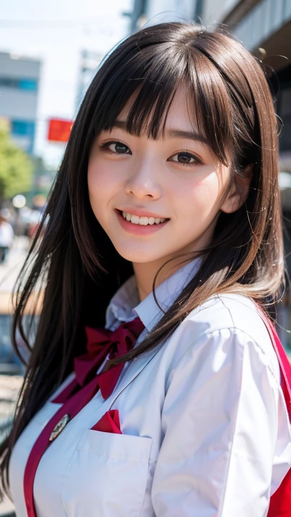 ulzzang -6500-v1.1, (Raw foto:1.2), (Photorealsitic:1.4), a beautiful detailed girl, extremely detailed eye and face, Oversized smile,beatiful detailed eyes, Ridiculous, Frontal Face,head shot, Front view, unbelievable Ridiculous, huge filesize, ultra-detailliert, hight resolution, ighly detailed, top-quality, masterpiece, Kemomimi, ((Japanese girls' high school uniform)), illustratio, ighly detailed, nffsw, unification, 8k wallpaper, magnifica, finely detail, masterpiece, top-quality, Highly detailed ticker uniform 8K wallpaper, Light on the Face、电影灯光、16yo girl,In the city