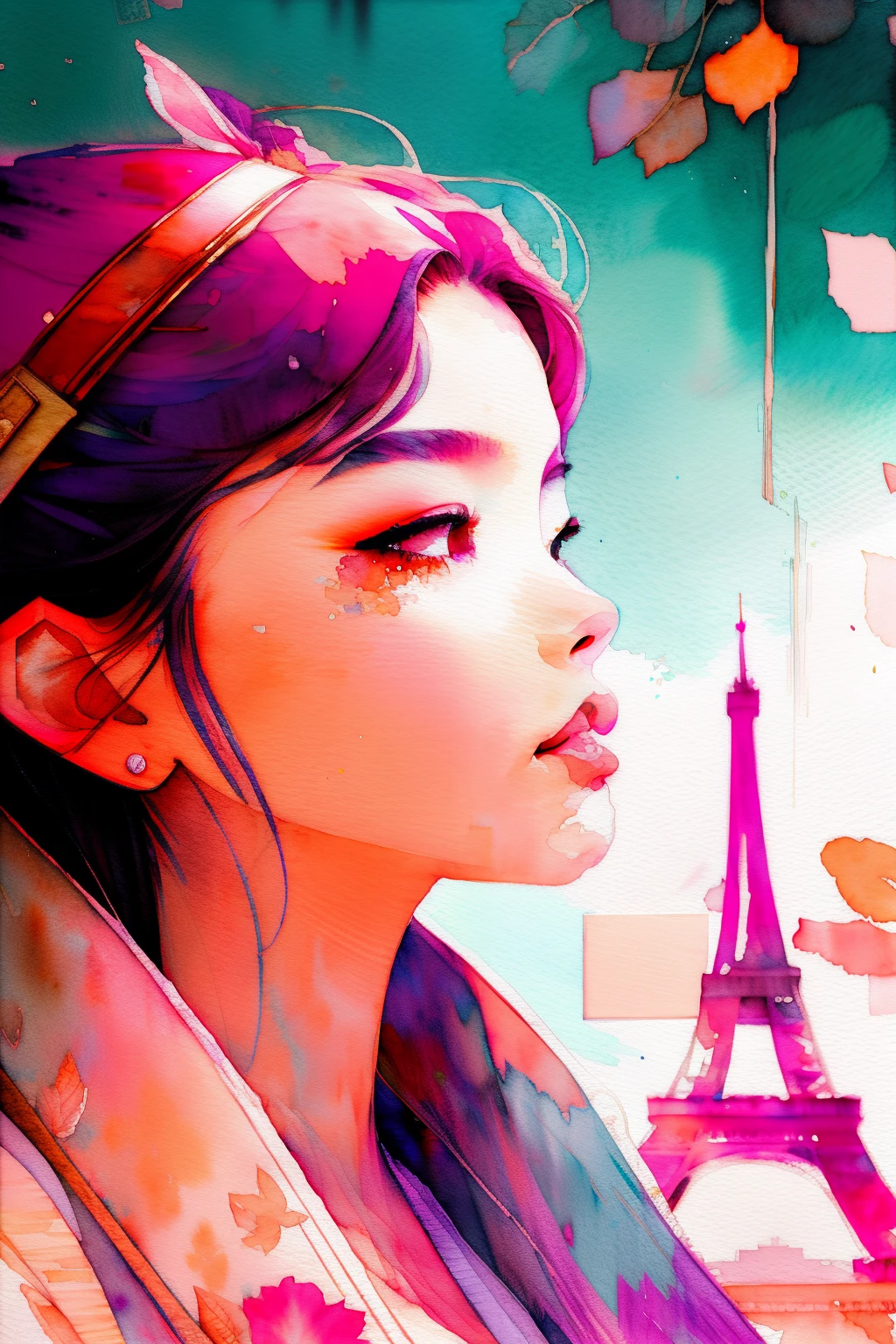 wtrcolor style, (rose) digital art, official art, drifting in the wind, masterpiece, beautiful, ((watercolor)), paint splash, intricate details. Very detailed, [dripping:0.7], trends on Artstation, Rachel Walker, Chinese woman, single eyelids, small eyes, soft looks. Behind it is the Eiffel Tower in Paris.