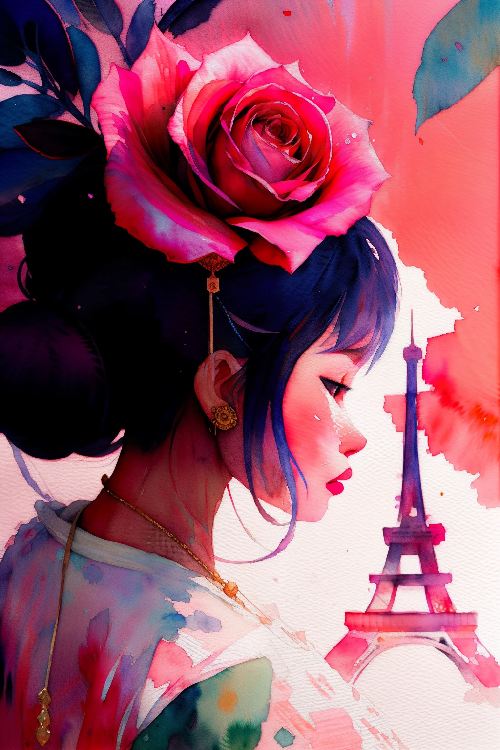 wtrcolor style, (rose) digital art, official art, drifting in the wind, masterpiece, beautiful, ((watercolor)), paint splash, intricate details. Very detailed, [dripping:0.7], trends on Artstation, Rachel Walker, Chinese woman, single eyelids, small eyes, soft looks. Behind it is the Eiffel Tower in Paris.