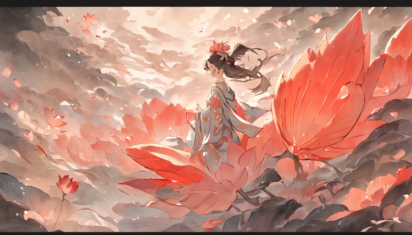 There is no pperson。。, large lotus leaf, lotuses, Ink painting style, Clean colors, Ink style, polluted, decisive cutting, White space, impressionistic, Masterpiece, Super detailed, Epic composition, High quality, Highest quality, Lotus fairy, Ancient style, Dunhuang Flying Sky，Red koi