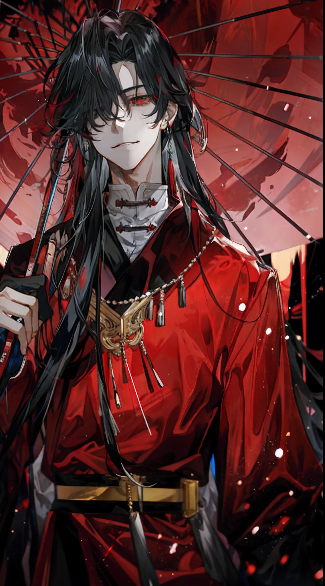 Hmong teenager,Exotic,Witchcraft,Miaojiang boys,male people,Handsome,Hmong male,Ancients in red and black robes,Ancient wind,Black hair, Black hair, crossed bangs, long whitr hair, Messy hair, Floating hair, Expressive hair, Hairline, Tentacle hair, Moles under eyes, Raised eyebrows, Semi-closed Eyes, eyeball, Red eyes, long eyelasher, Light smile, Evil smile, Scowl, Seductive smile, , hyper HD, Masterpiece, Super detail, High details, high qulity, 16k