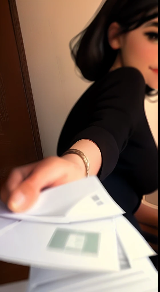 Desenho de uma garota, corpo inteiro, segurando envelopes, The girl is wearing a black dress