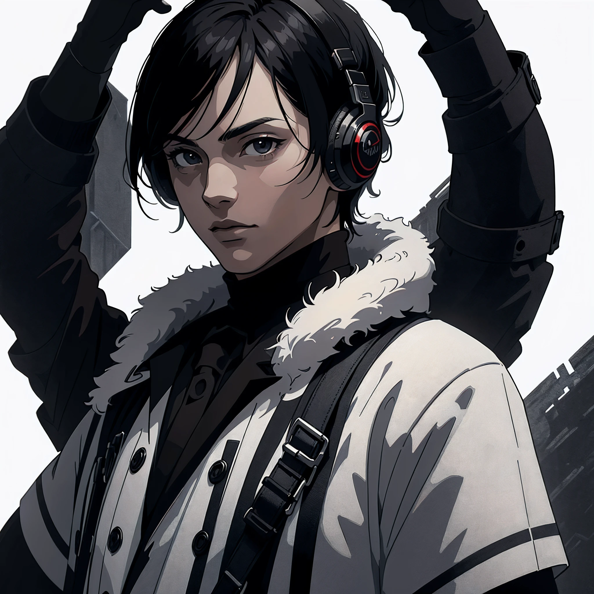 ((top-quality)), ((masterpiece)), ((ultra-detailliert)),(8k wallpaper:1.2),(Ultra-high resolution:1.2),(masterpiece:1.1),wallpaper,High quality,(High detail),(absurdres, highres, ultra detailed),( best quality:1.2),1man, vibrant colours, wearing modern jackets, wearing modern headphones, fluffy middle taper hair,dark colours,very dark,black and white art, highest resolution, absolutely stunning art, highest quality digital art, anime man
