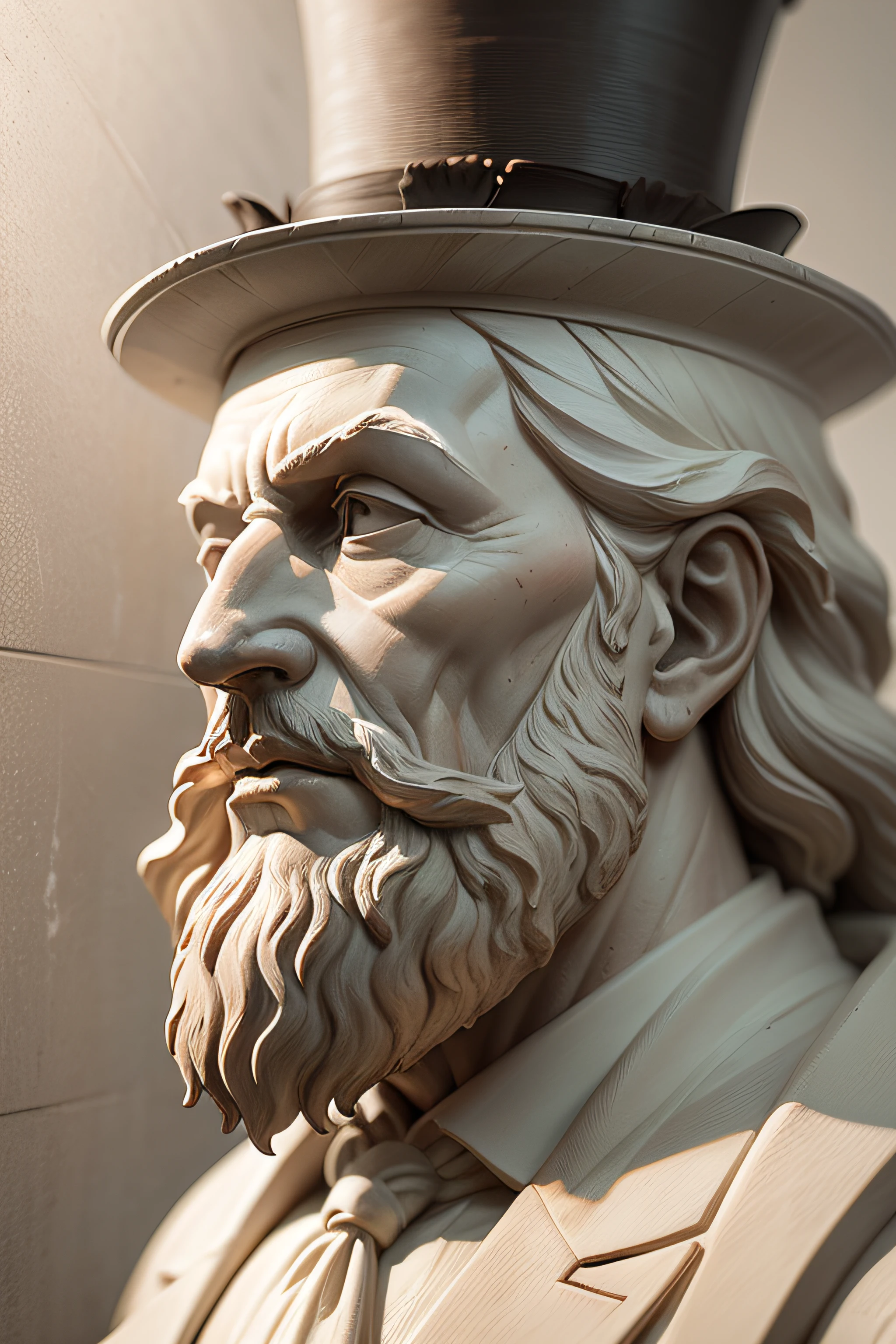 Portrait, realism, photorealism, White marble statue of a old man with long beard and wearing a top hat and winter clothes. Side profile position, looking to horizon, neutral background, as a white marble statue