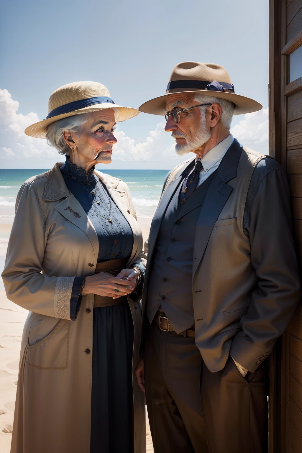 old man and woman looking each other, realistic painting, by Charles Gregory and Antonio Jacobsen and Edward Moran, (long shot), clear blue sky, intricated details