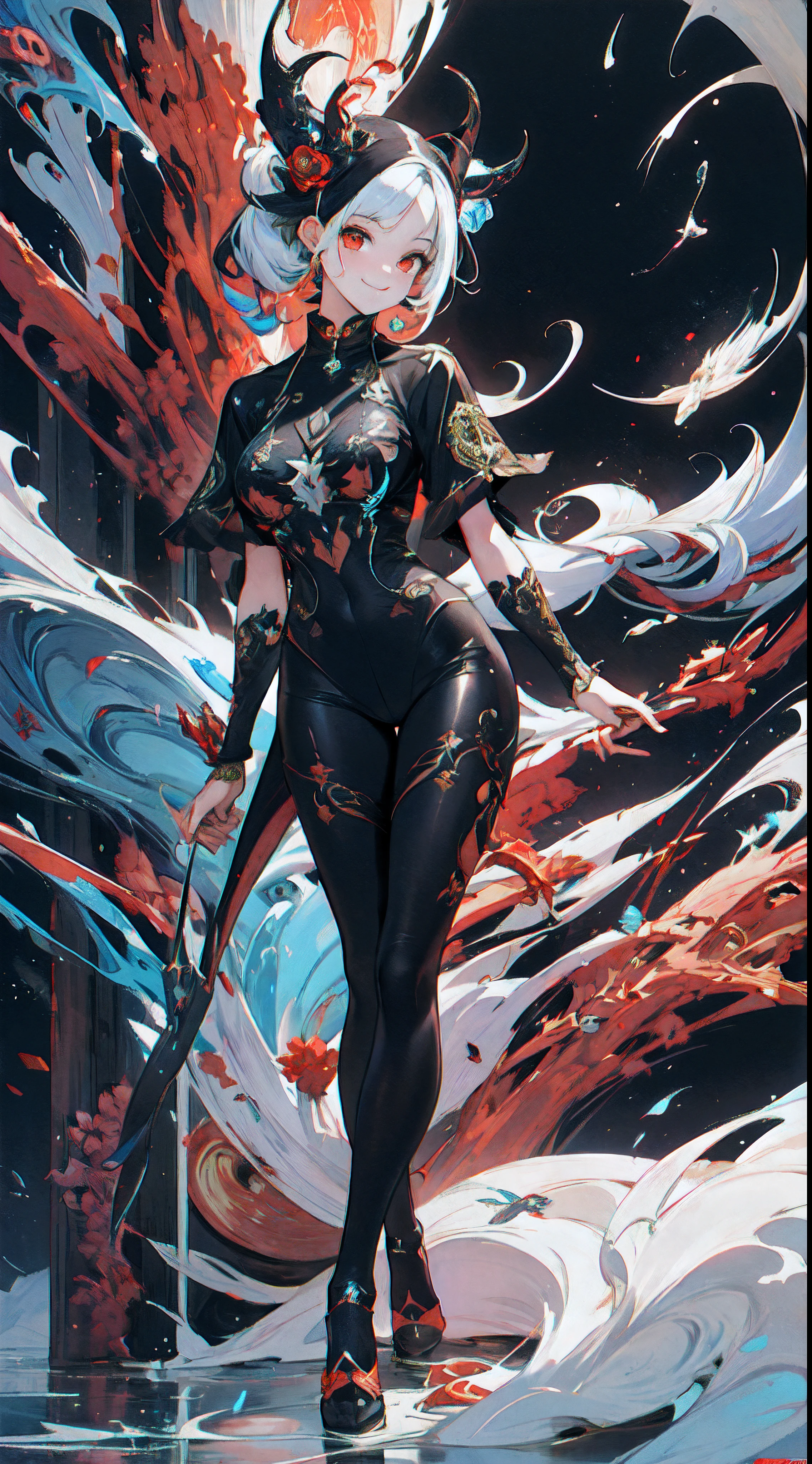 ((Demon God)),((A corner)),onimous,Hunting,innocent smiles,(1 girl, Solo:1.6),(Cute smile),(Clothes are simple), (Best Impact:1.5), (maximalism:1.7), Vivid contrast, (Realistic), hyperrealistic illustrations, hight resolution, ultra-detailliert, absurderes,(Fractal Art:1.3)、Random hairstyle、Random hair color colorful、FULL BODYSHOT、Retro、Precise focus、randome pose、cinema4d、Drama