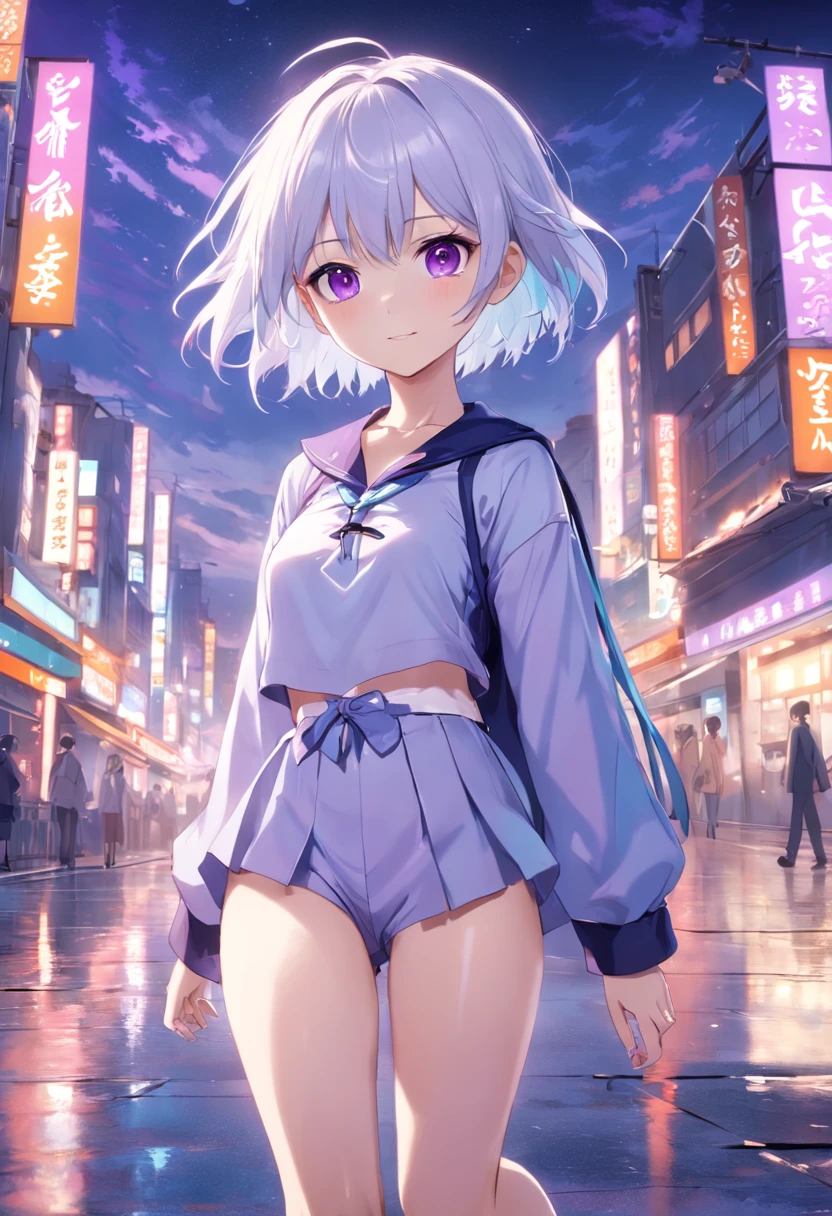 Purple pupils,with short white hair,Cyan and blue clothes,JK Campus,Good-looking legs,Cute smile,sea island