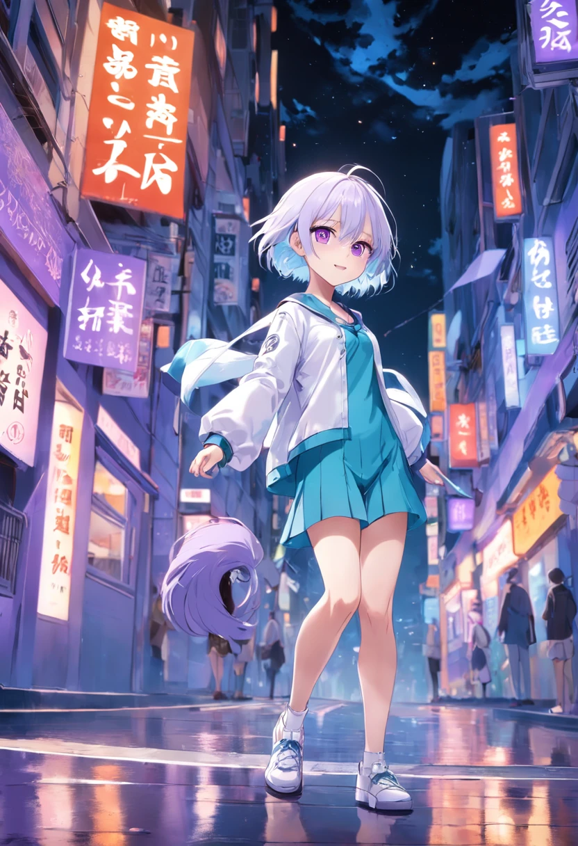 Purple pupils,with short white hair,Cyan and blue clothes,JK Campus,Good-looking legs,Cute smile,sea island
