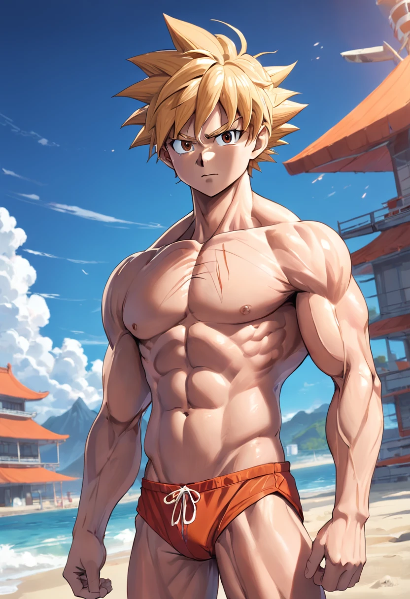 Muscle lifeguard,son goku,He was top-naked,Wear sexy white briefs:1.2,mesmerizing eyes,Tall and burly,musculous,Tall, Burly and strong, Extremely detailed depiction of faces,Exquisite facial features,super gain and cool, commission for high resolution, Attractive strong men,Leisurely basking in the sun,model poses,full bodyesbian,Thick thighs and calves,over-Tortoise Man,