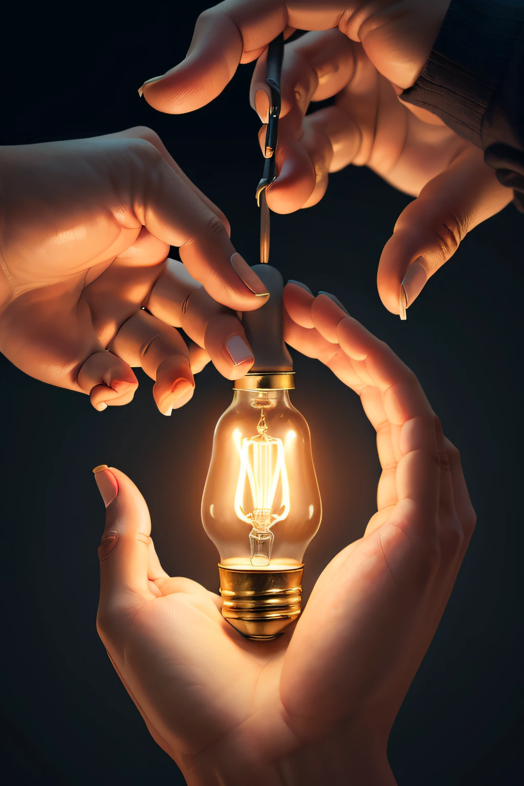 A close-up of hands holding a lit light bulb, symbolizing ideas and innovation with the human touch