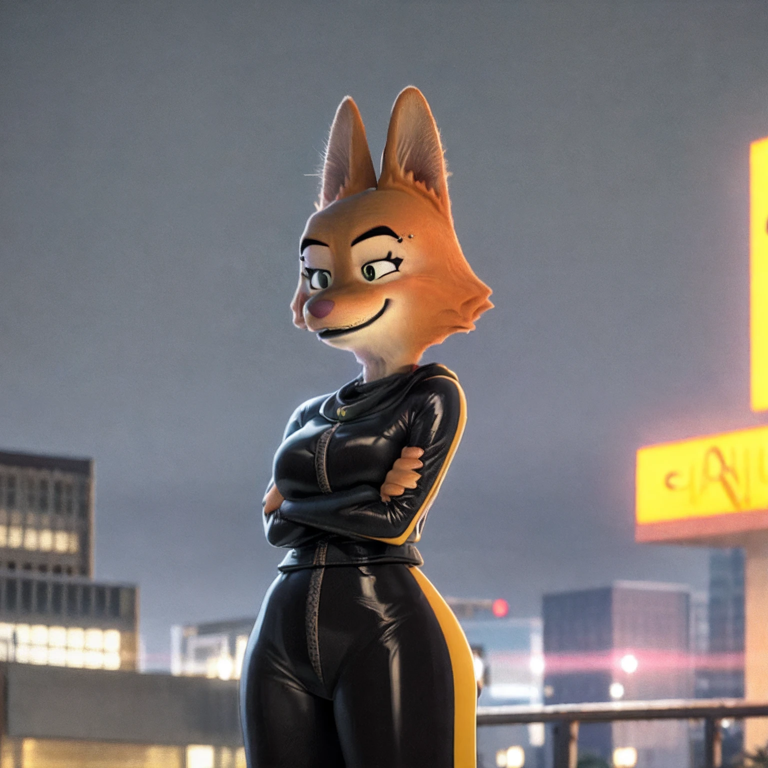 Diane Forsington, Light of the Night City, Skyscraper with neon lights, Portrait of a stunningly beautiful canine furry fox girl, Soft, delicate, beautiful and charming face with attractive green-black eyes, Lovely Medium Breast, Voluminous Eyebrow With Piercing, Thick eyelashes, (Smug face:1.1), Open the fox nose and mouth, Teeth are whiter，Show cute fangs, Orange thick lamellar body fur, Long fox ears with tail, Black parted lips, High quality black latex textured full body tights，With tight zipper, Yellow decorative clothes, Buckle waistband, Stand on the highest city rooftop, Bright night city skyline background, (Crossed arms:1.2), (Highest quality, Amazing details:1.4), cel shading, Ray traching, Color grading, 3d animation, Picturesque scenery