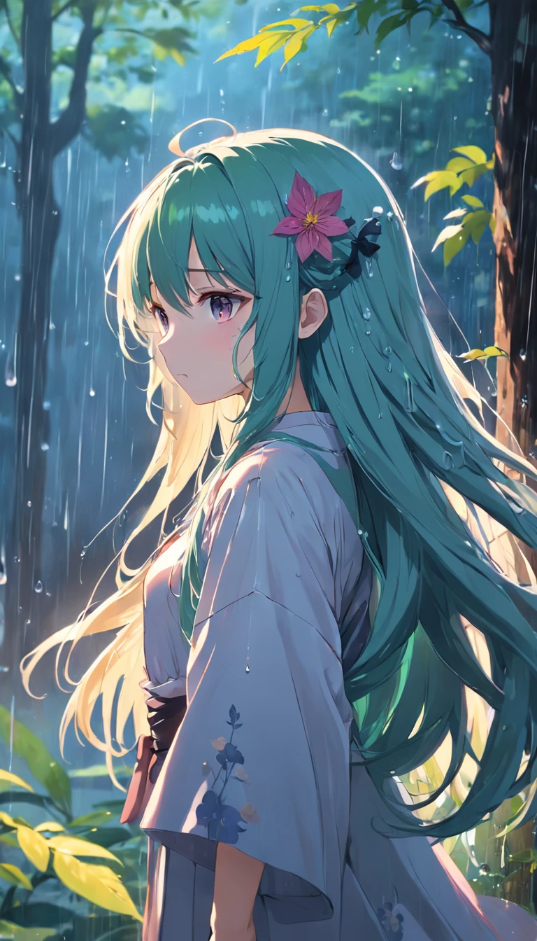 anime girl with long hair and flower in her hair, Beautiful anime artwork, style of anime4 K, Anime art wallpaper 4k,Rainy days，janelas，the woods，Rain drops