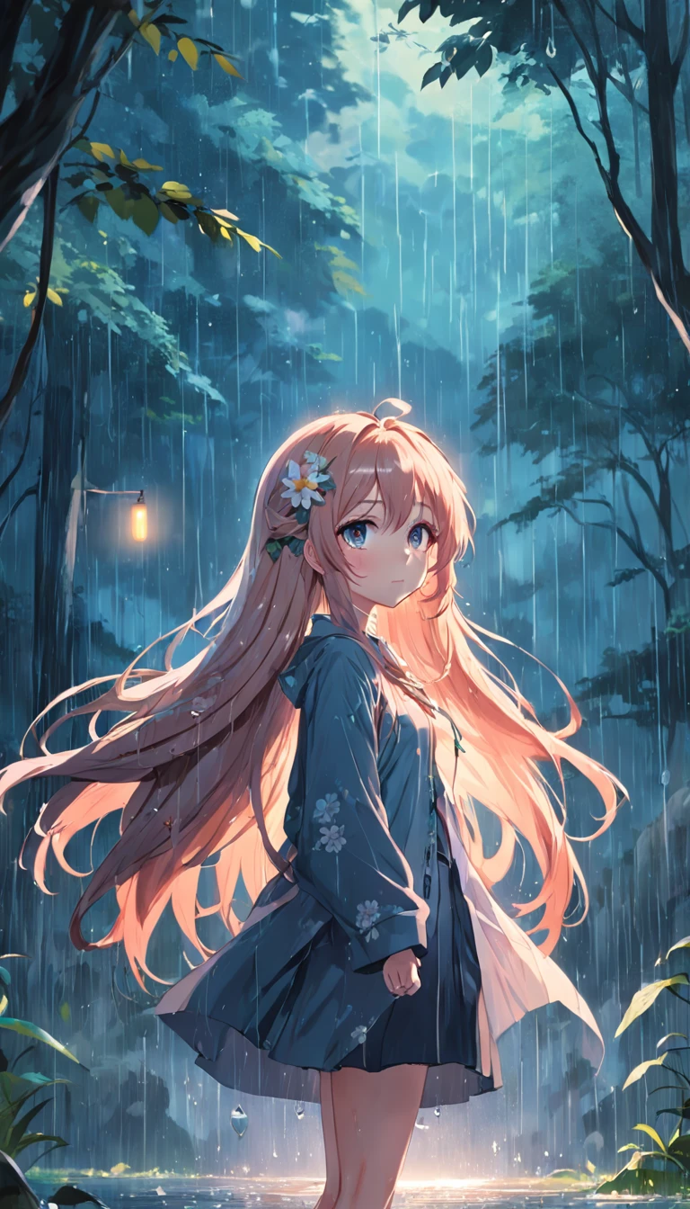 anime girl with long hair and flower in her hair, Beautiful anime artwork, style of anime4 K, Anime art wallpaper 4k,Rainy days，janelas，the woods，Rain drops