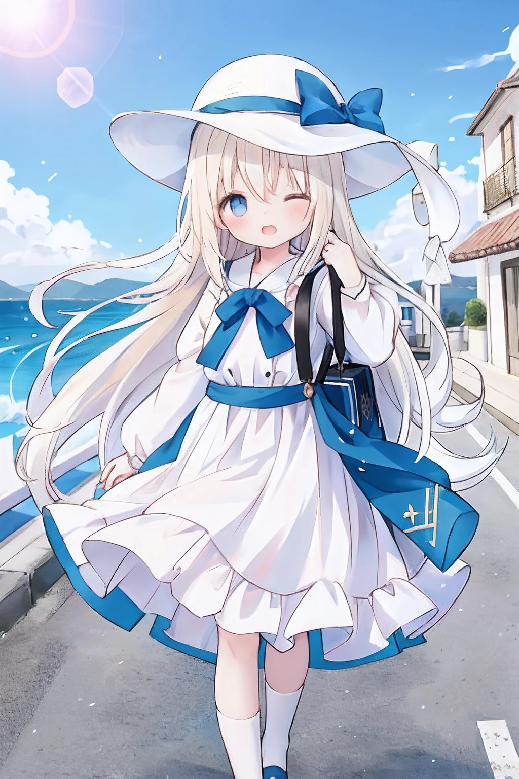 Cute little girl s,Moe Mei standing on the street of a Mediterranean port town,Wind,pale-blonde hair, Blue eyes,Very long double tail,White dress,White hat,Blue sky,Kaihuai,double teeth,Closed eyes,view the viewer,Lens flare,Dramatic, Coastal