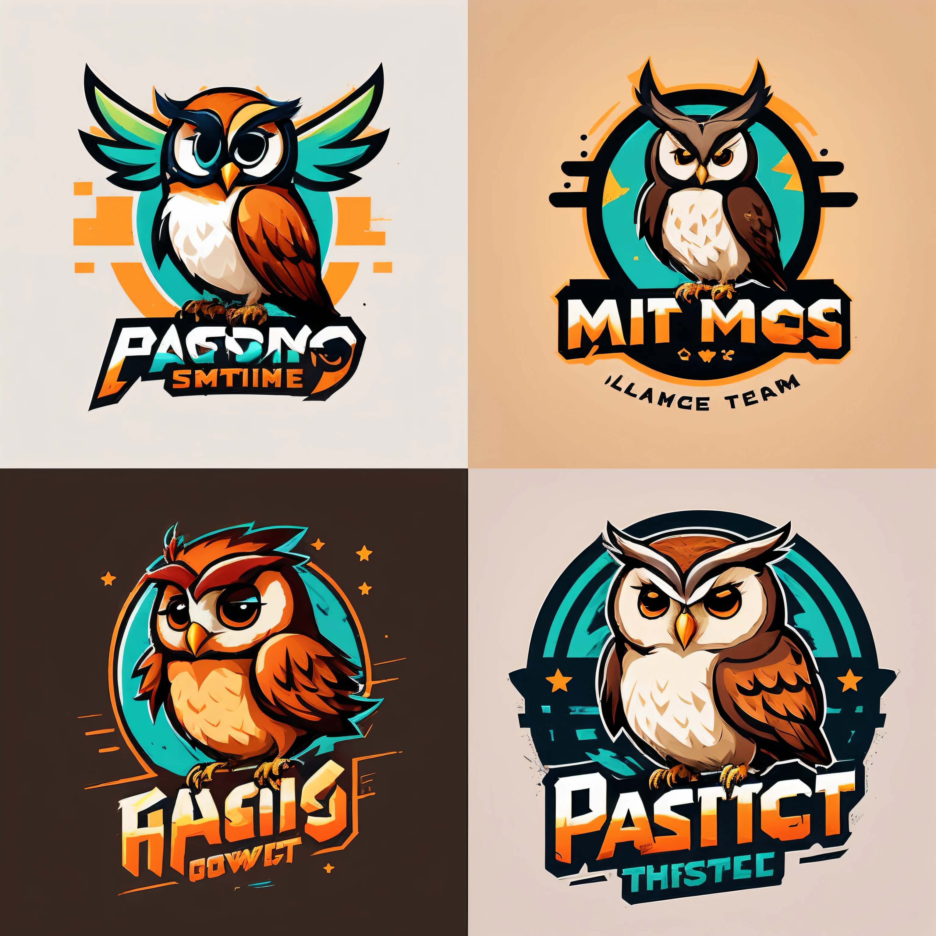 Four logos of the game team with owls and birds, mascot illustrations, logo concept design, sticker concept design, professional logo design, cartoonish graphic style, barn owl symbol in chest, Patch logo design, Vintage stylization, logo vector art, Logo art, Logo design, Logo graphic design, logotype design, cartoonish vector style, stunning art style