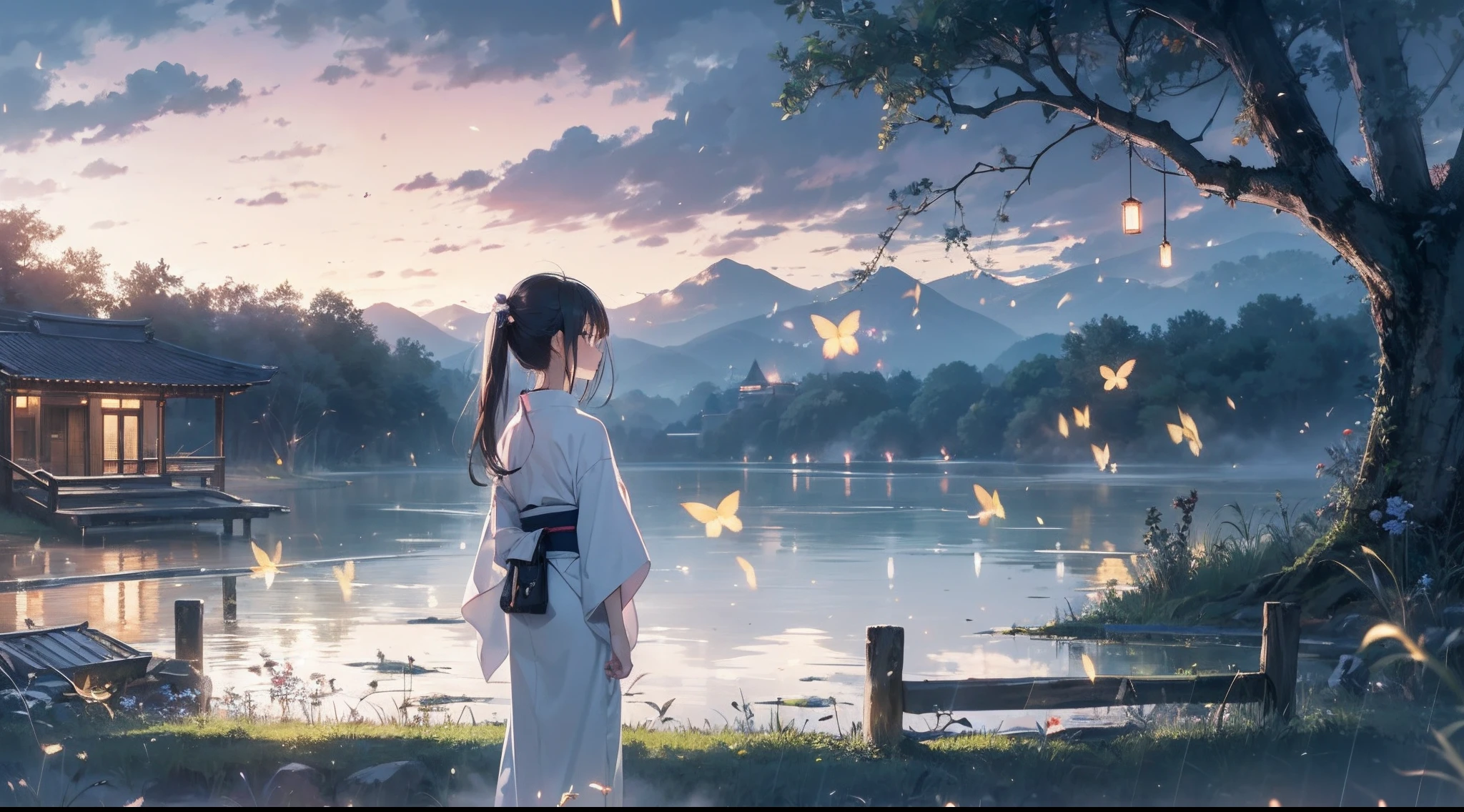 Masterpiece, illusion, Highest Quality, natta, Cloudy night, Oborotsuki, ((Fireflies)), ((countryside)), (countryside), River surface, Adult woman wearing a yukata, Heavy evening fog, Flowing evening fog, dry ice, thick fog, confession, regret, loneliness, Long black hair, Hair luster, after the rain, Whole body, Overhead, Sync Lantern, sorrow, separation, reminiscence, thought