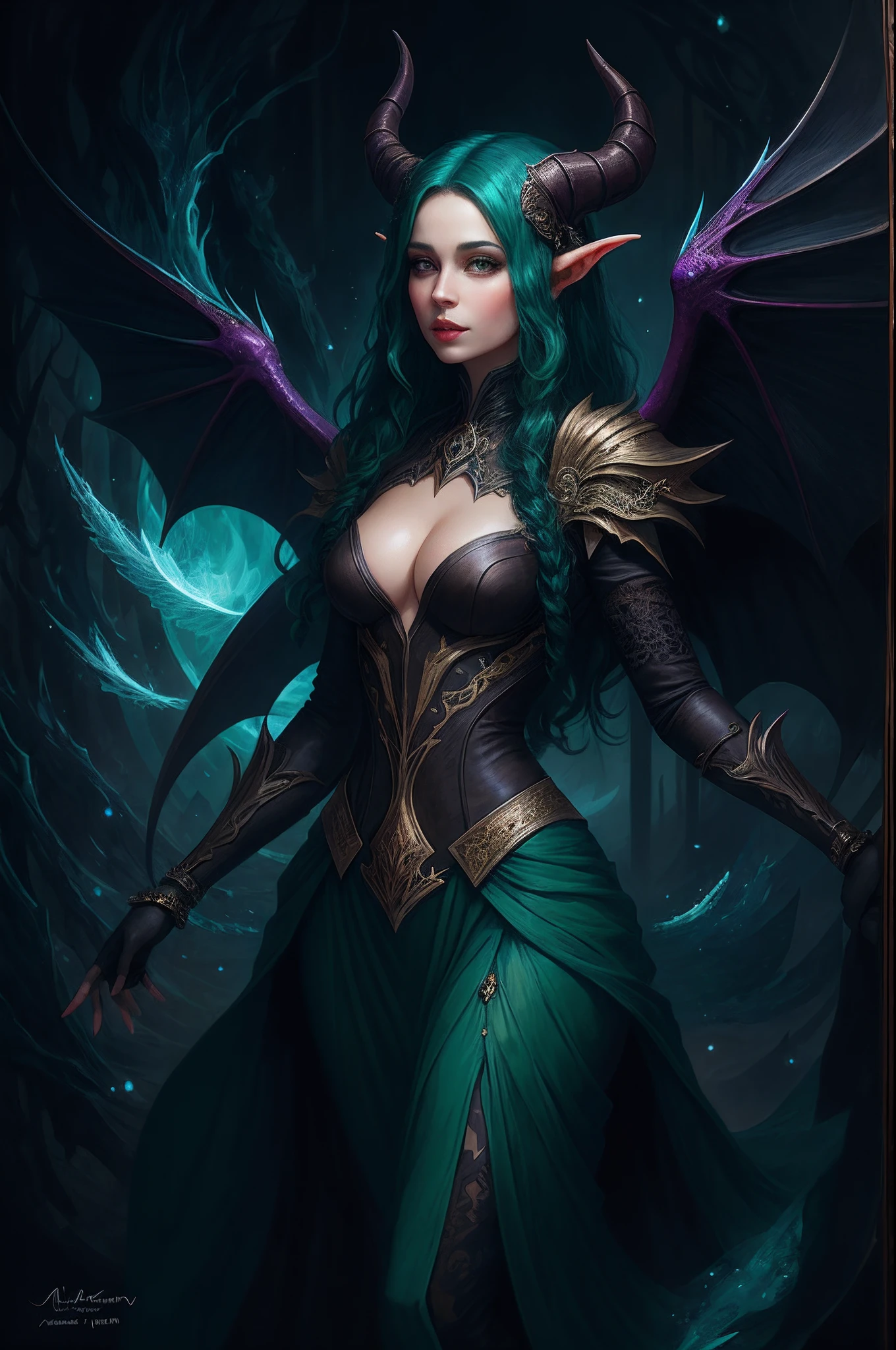 HOT woman  ,dark emerald tiefling female with wings, by Anna Dittman