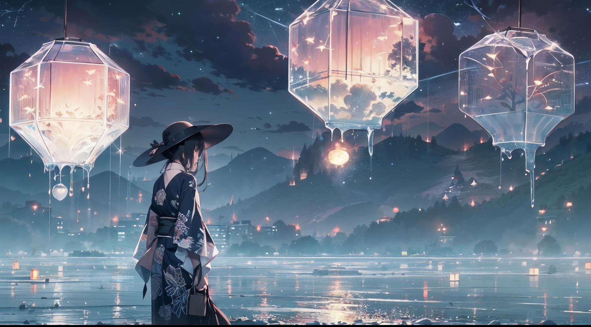 Masterpiece, illusion, Highest Quality, natta, Cloudy night, Oborotsuki, ((Fireflies)), ((countryside)), (countryside), River surface, Adult woman wearing a yukata, Heavy evening fog, Flowing evening fog, dry ice, thick fog, confession, regret, loneliness, Long black hair, Hair luster, after the rain, Whole body, Overhead, Sync Lantern, sorrow, separation, reminiscence, thought