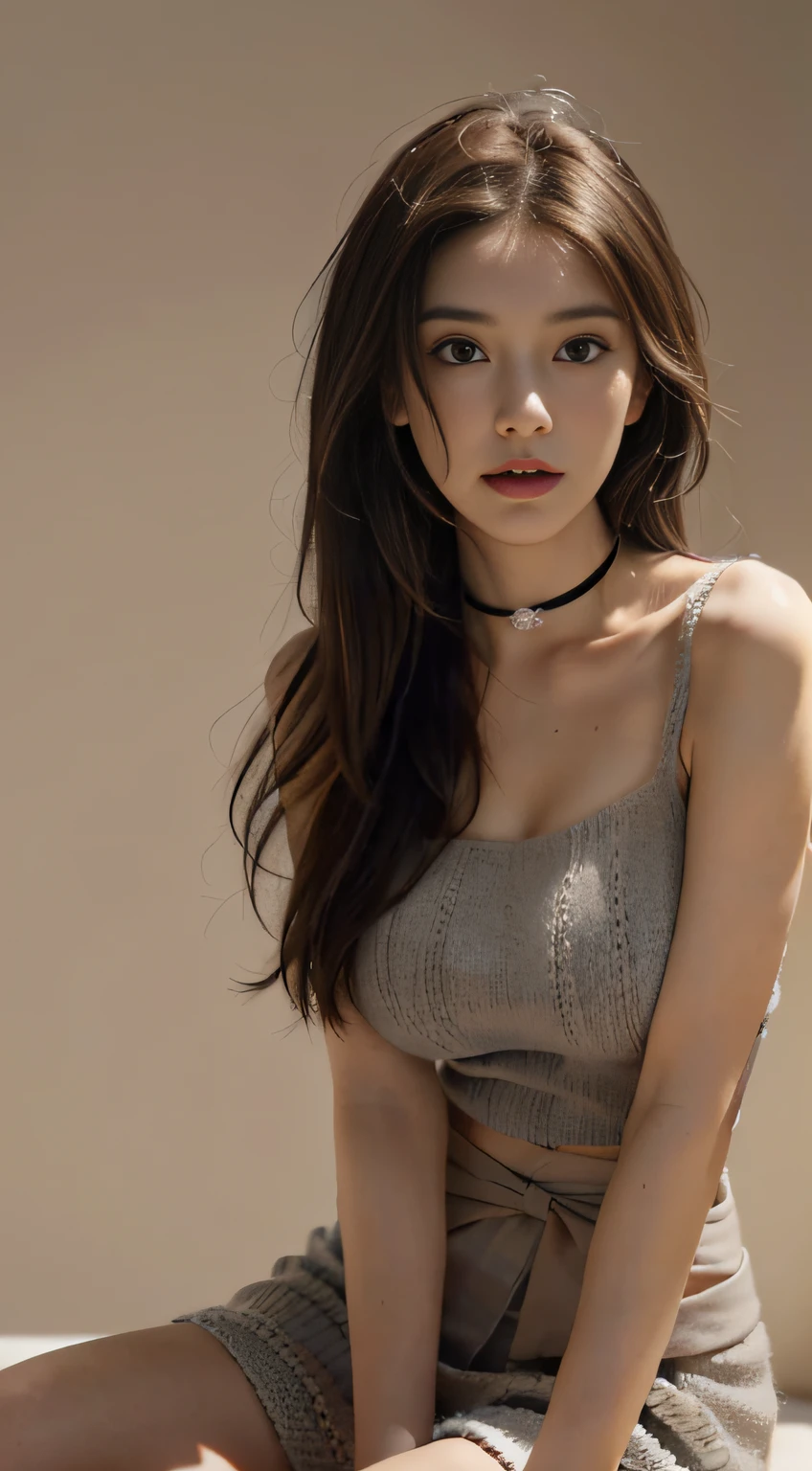 top-quality, Draw details, (Put your face in, On the waist), tmasterpiece, 超A high resolution, (Realistic:1.4), RAW photo, (Fair and clean skin, fine-grained skin, The skin is as young as a child), (Lustrous atmosphere), (Smaller head), (a small face, Light round face), (Beautiful fece), (Beautiful expression), (largeeyes:1.3),(Smile and look at me:0.7), (Strong feelings), Cute Baby Turtle, (Long and short brown hair, hair straight, Soft hair quality:1.7), (1人の女性, 独奏), (Firm breasts, Huge breasts:1.7), (slenderness:1.5), (Thin waist, Thin arms, Thin leg, thin neck, Thin shoulders:1.6), (Slanted shoulders), (Beige, high-necked, knitting:1.6), (choker necklace, A black) Break (Gray, A simple gradient background with depth:1.5), (softlighting:1.5),