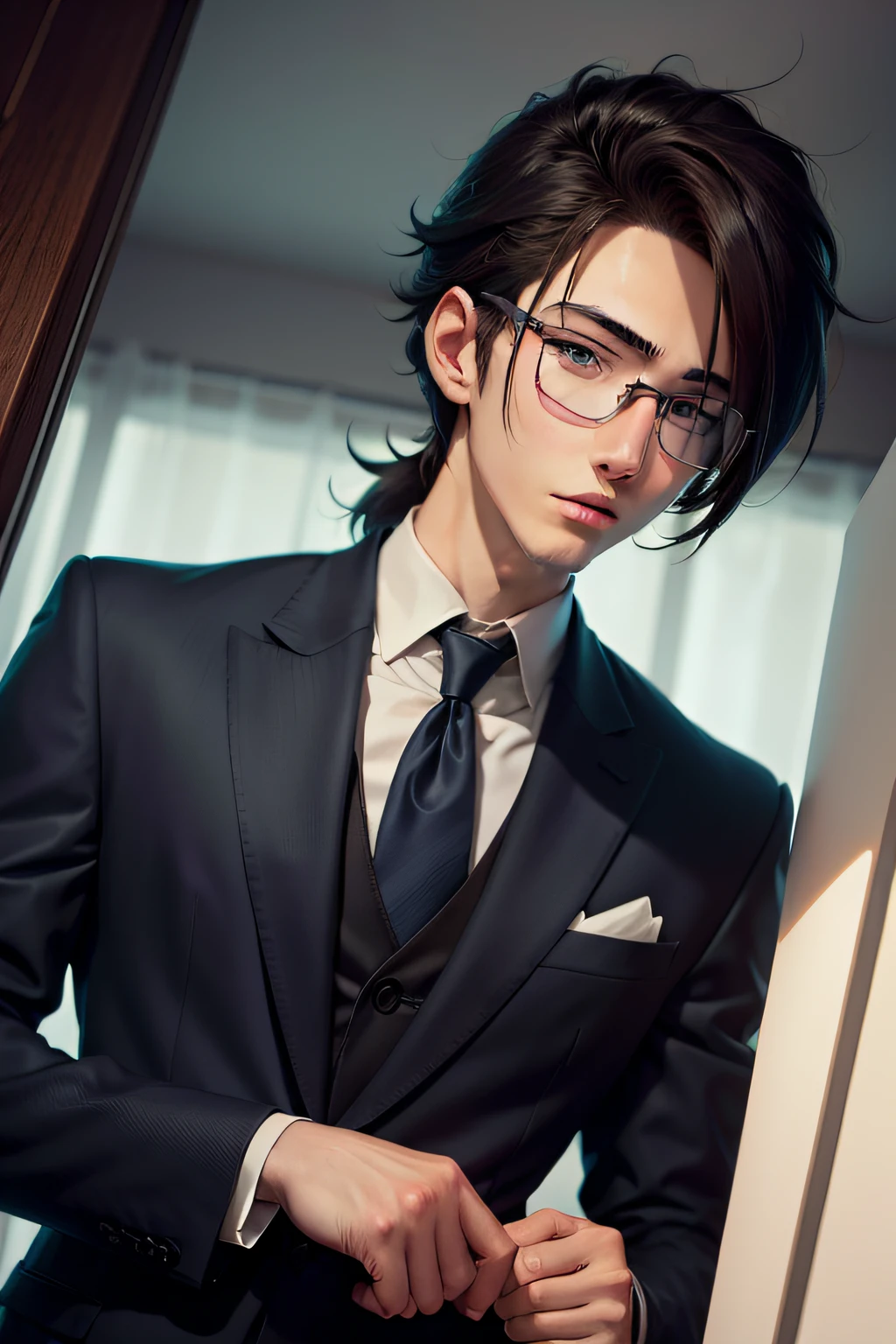 Anime boys，Tall and tall，Good facial features，eye glass，Suits，horse tailed