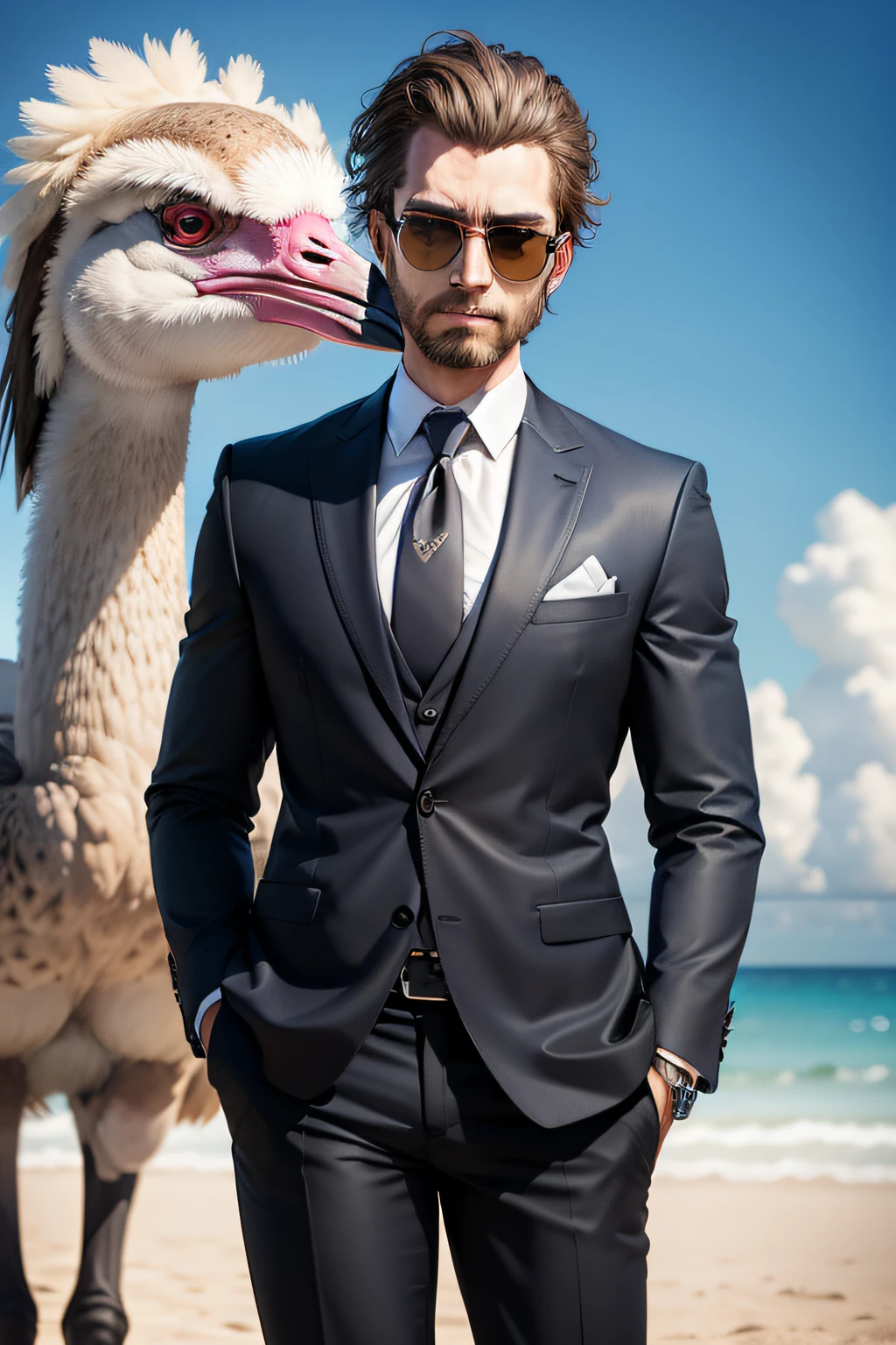 An artful rendering of an ostrich in a business suit and sunglasses, with a bright and colorful background, rendered in 8K hyper-realism.