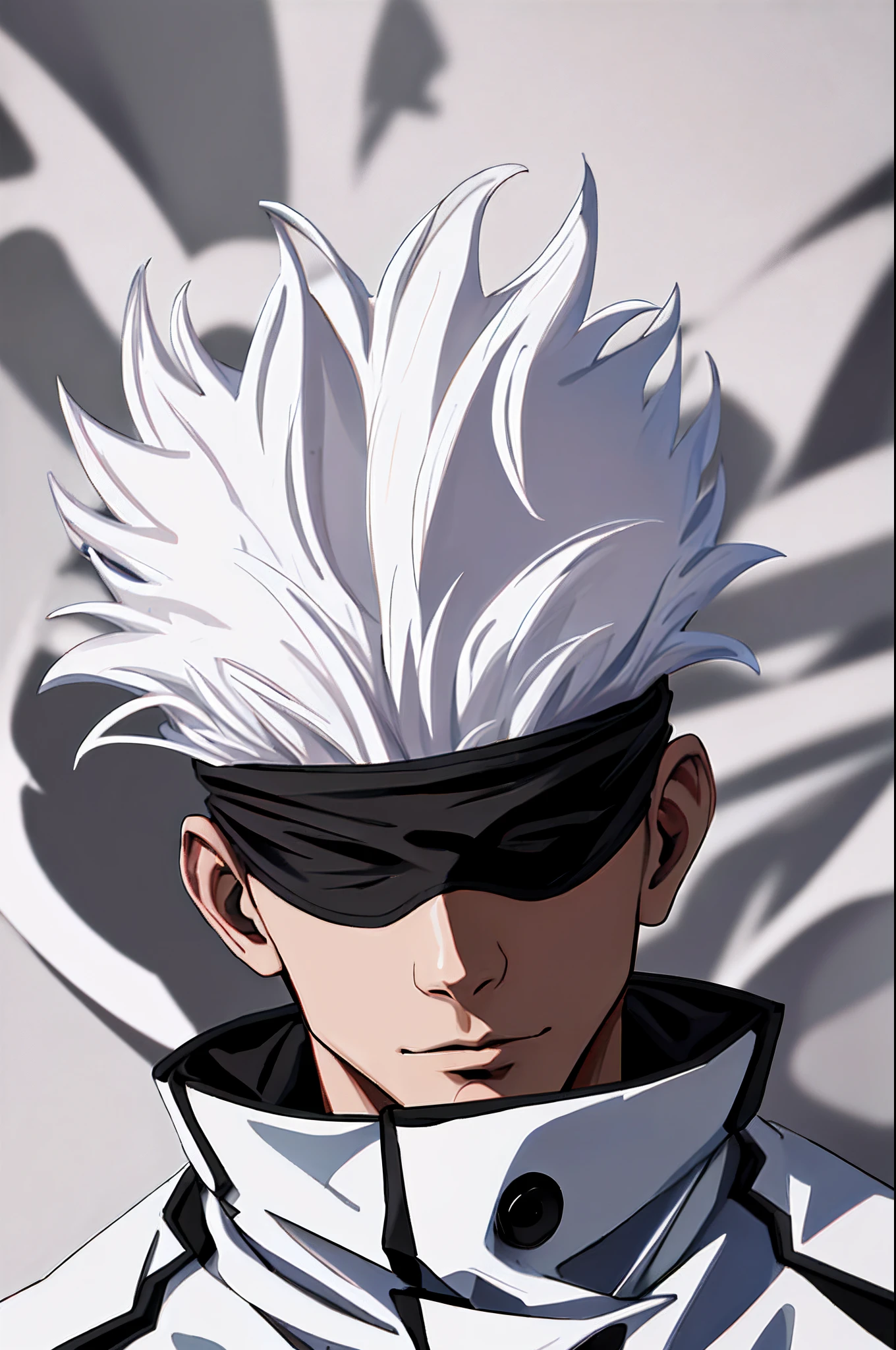 (absurdres, highres, ultra detailed, HDR), masterpiece, best quality, 1man, solo, handsome, short hair, white hair, black blindfold, black jacket, gojo,