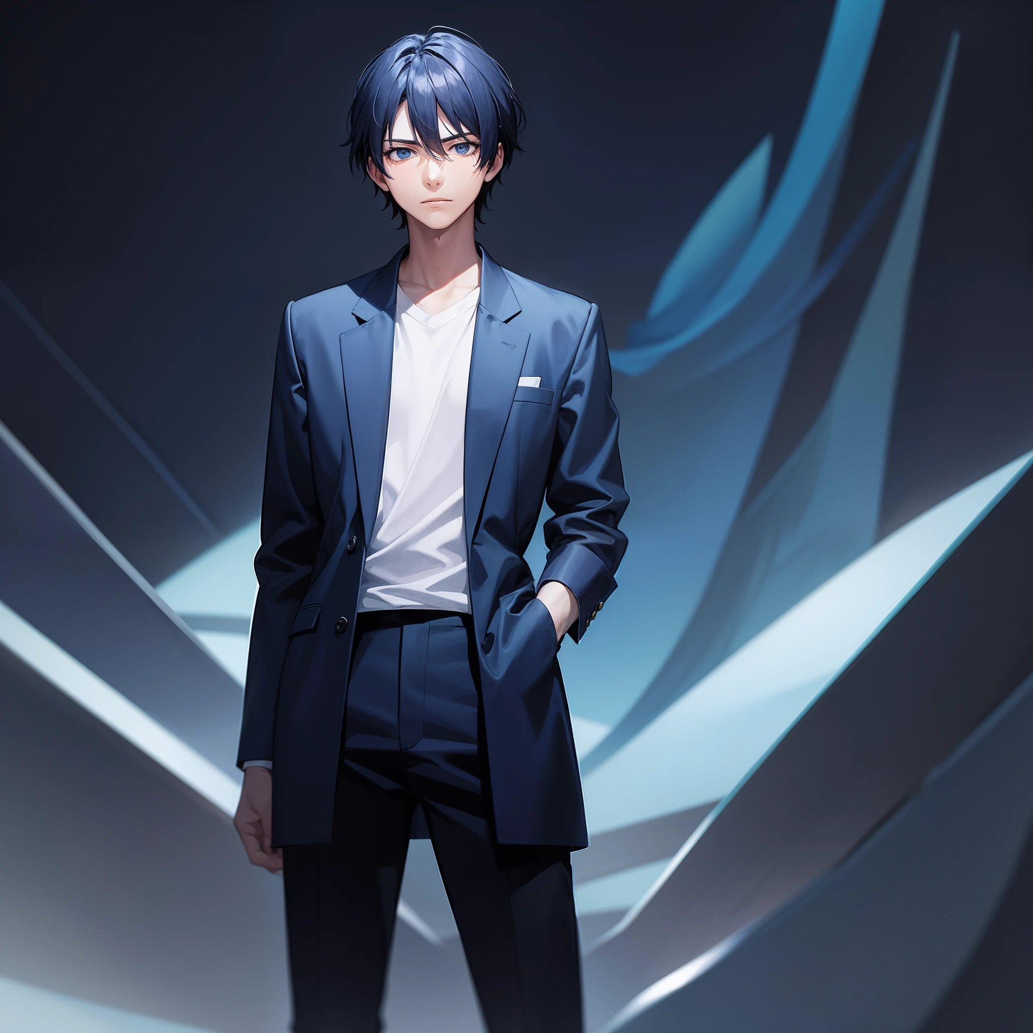 dark blue background , An anime young man looks at me with disdain , He stands in the middle , solo