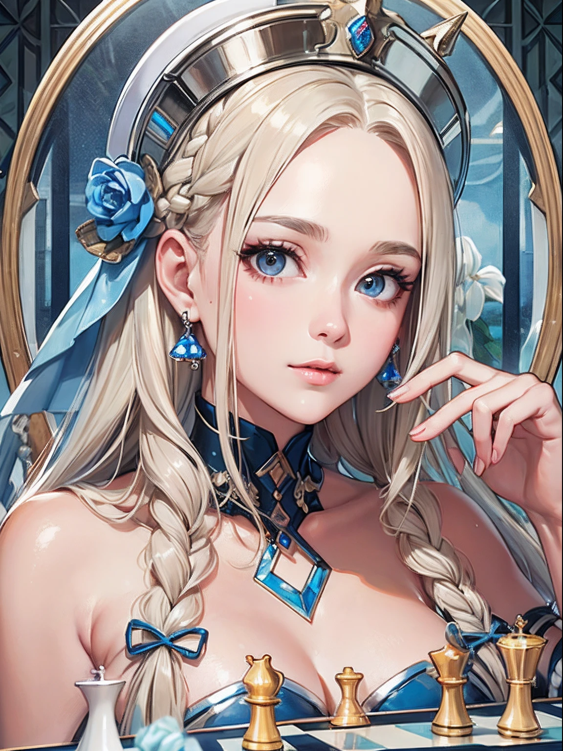 masterpiece、top-quality、hight resolution、High-quality images、8K、1maidennurse、detaileds、the detail、Detailed eye depiction、skin gloss、shinny hair、platinum-blonde、Long braided hair、Soft hair、anastasia、Glass Chess、strategy、brain