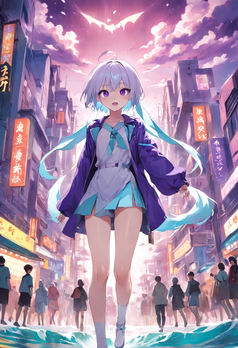 Purple pupils,with short white hair,Cyan and blue clothes,JK Campus,Good-looking legs,Bad laugh,sea island