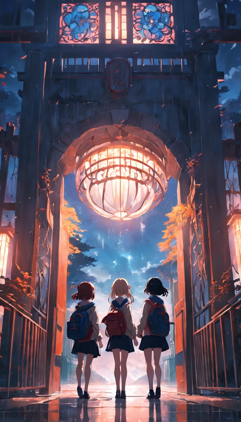 A group of high school teachers，Stand at the school gate