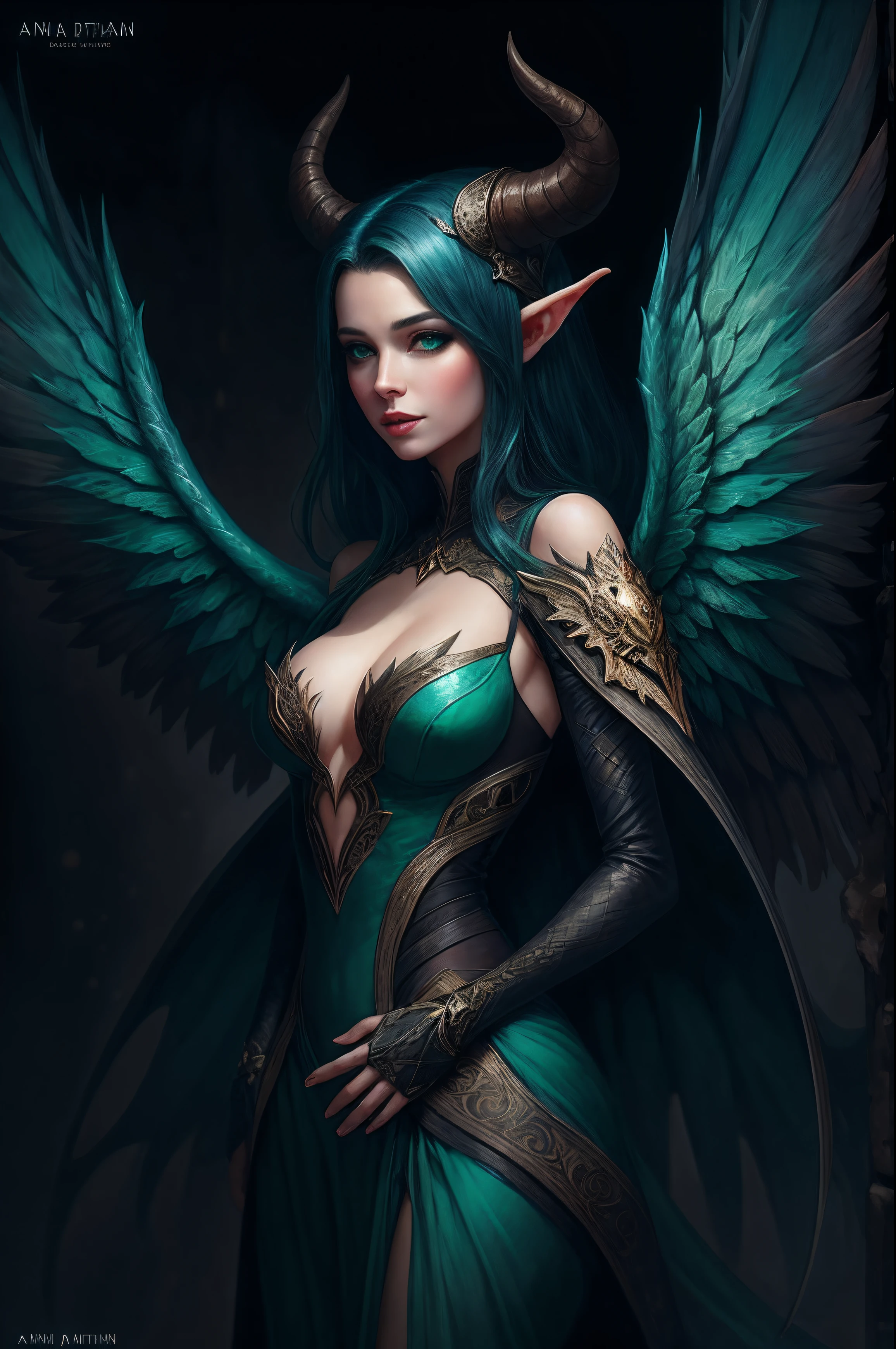 HOT woman ,dark emerald tiefling female with wings, by Anna Dittman