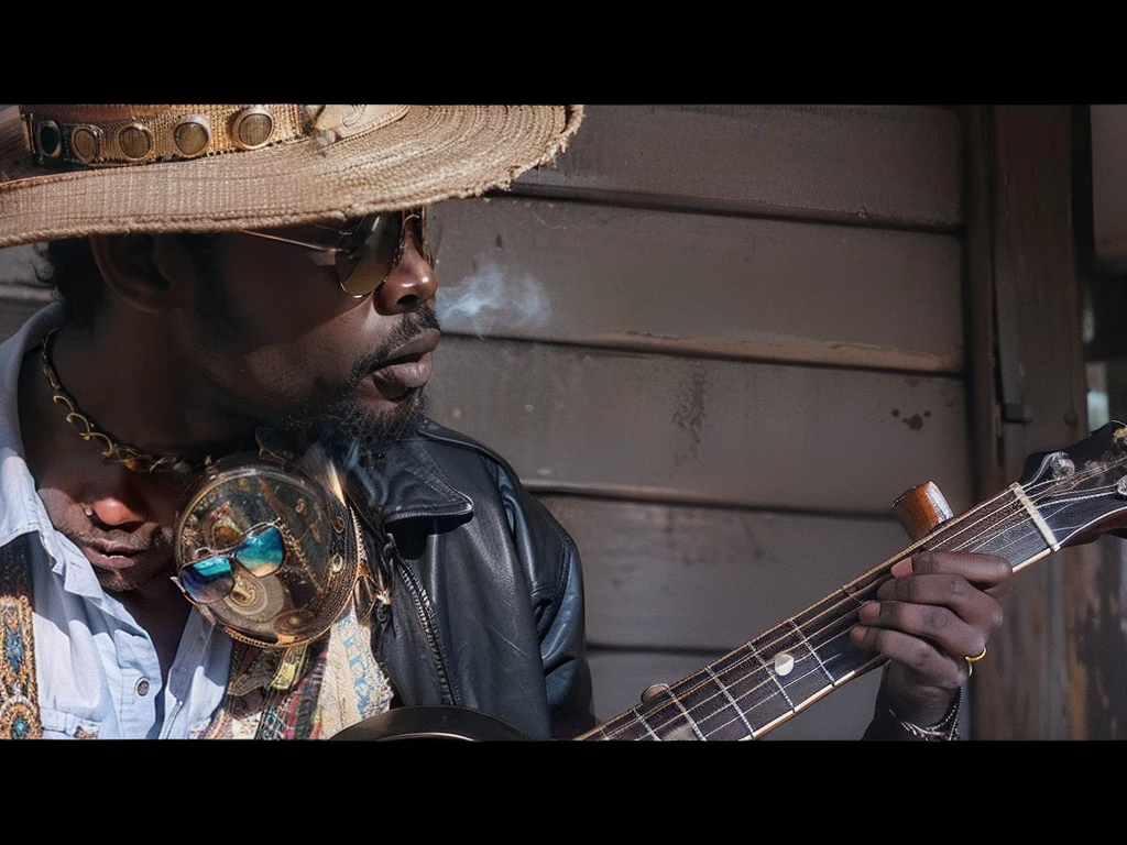 African Man holding guitar, wearing cowboy hat, steam punk sunglasses, colourful image