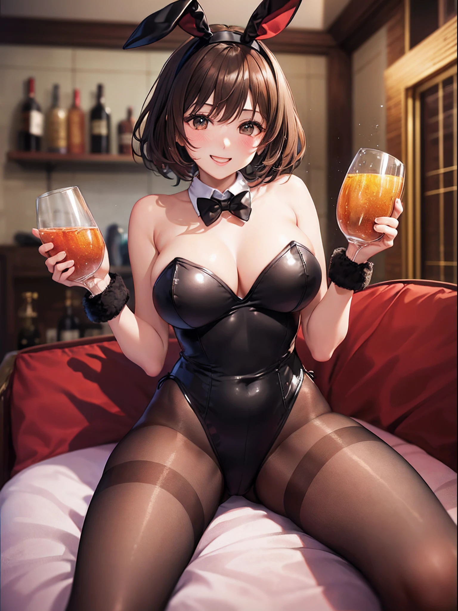 (top-quality: 1.3)、(masterpiece: 1.3)、(The ultra-detailliert: 1.3)、(wall-paper, one girls)、bunnygirl、(Black Rabbit Girl Leotard:1.3)、(Brown pantyhose:1.3)、Red bow tie、(Brown hair:1.3)、Bunny Girl Black Headband、Medium Hair、short-hair、(Beautiful Large Breasts:1.3)、Luxurious living room、A big smile、sexypose、sit on luxurious sofa、Blushing、Drinking alcohol、Sake shelf
