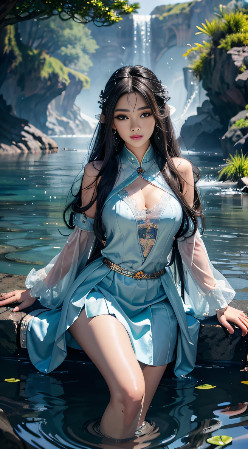 （tmasterpiece，top-quality，optimum，offcial art，Beautiful and beautiful，Long exposure：1.2），Smooth movement，Attractive pattern，one-girl，Adult women，Perfect skin，jade Eyes，Black leafy hair，sportrait，独奏，The upper part of the body，Gaze at the observer，detailedbackground，Detailed face，（Crystal AI，crystalline theme：1.1），Elemental Water Elves，Swirl water，Water control，Fantasy magician costume，dynamicposes，Floating particles，Ether dynamics， Eau，steamy，Background sea，blue tint，shores，Fantastical Atmosphere，mini-skirts。Black hair。Full face。in  the water