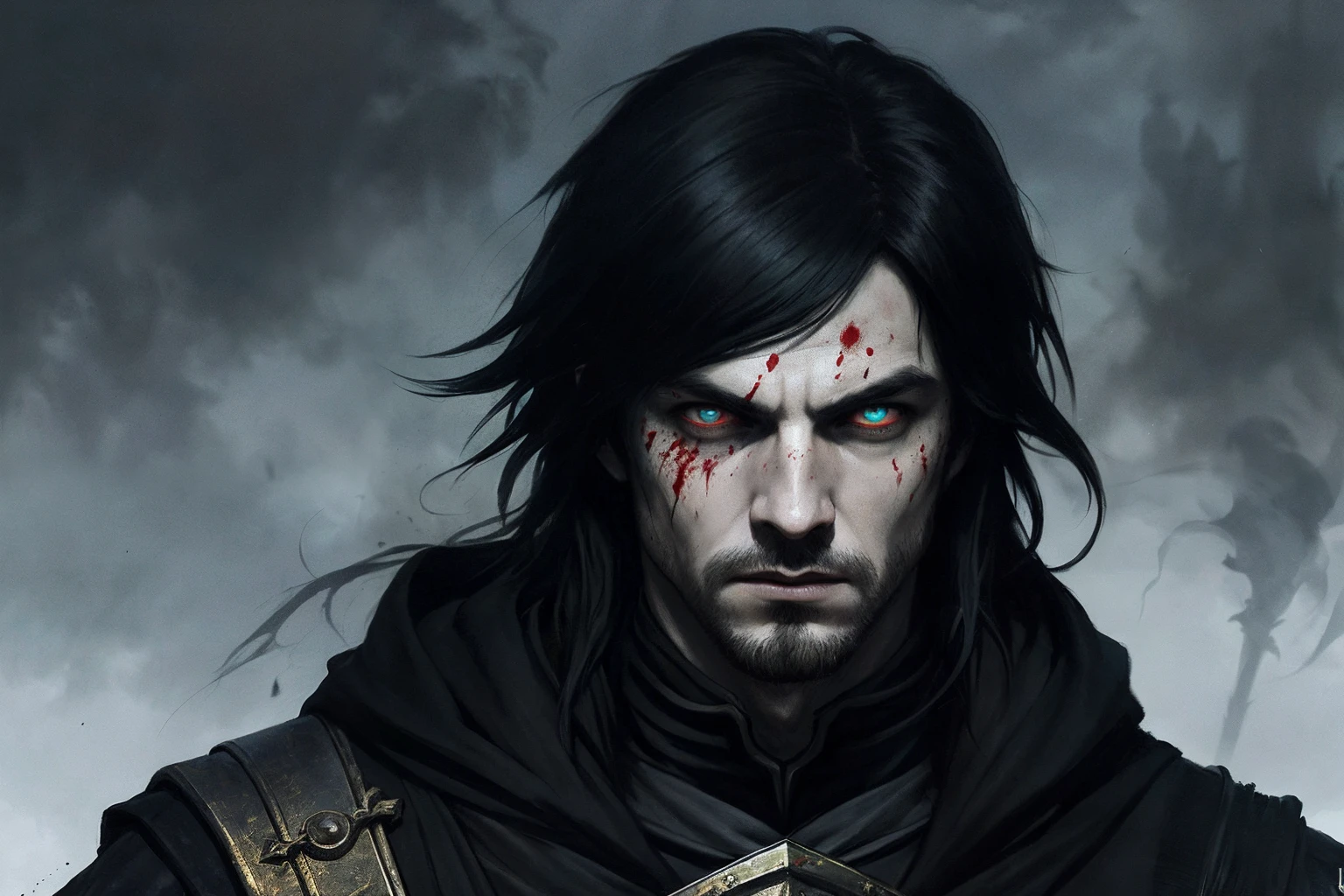 (Complete portrait of a young male wizard of a medieval psychopath,Blood splattered on his face,Long black hair and mage costume summon tornado spells), (villain), ((Evil meticulous eyes)) hyperdetailed face, RPG game concept art, art of greg rutkowski, art by ruan jia, art by Iliya Kuvshinov, A darker atmosphere, Darker, character sheets, Ultra detailed, hyper qualit