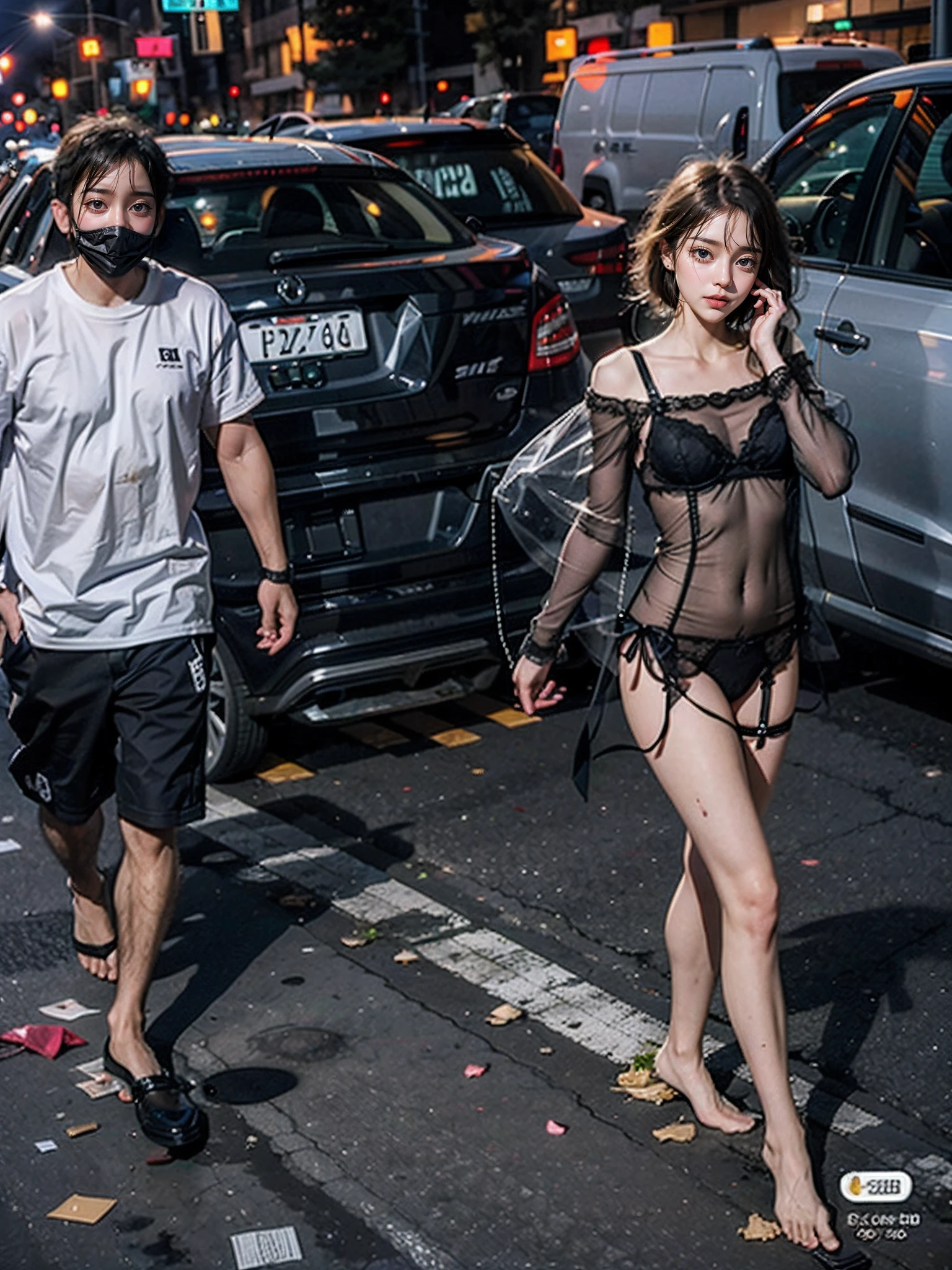 tmasterpiece,Garbage all over the ground,grimy,White transparent sexy lingerie and panties,The barefoot,exhibitionists,full body exposed,Exposing the genitals